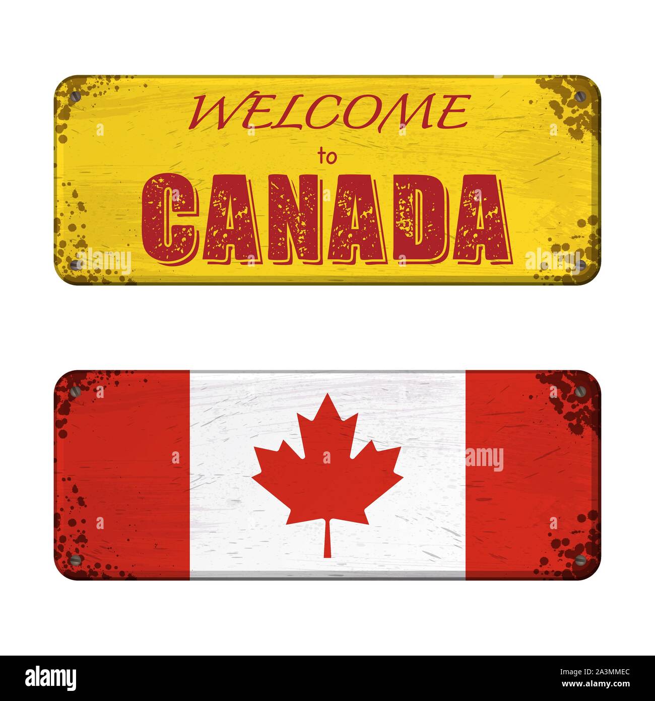 Two grunge boards with Canada flag and welcome text isolated on white background Stock Vector