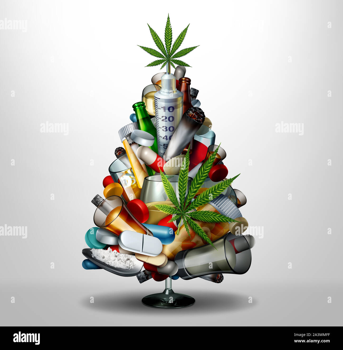 Addiction and drug abuse during Christmas holiday season and winter substance abuse as a medical health concept as a seasonal tree representing. Stock Photo