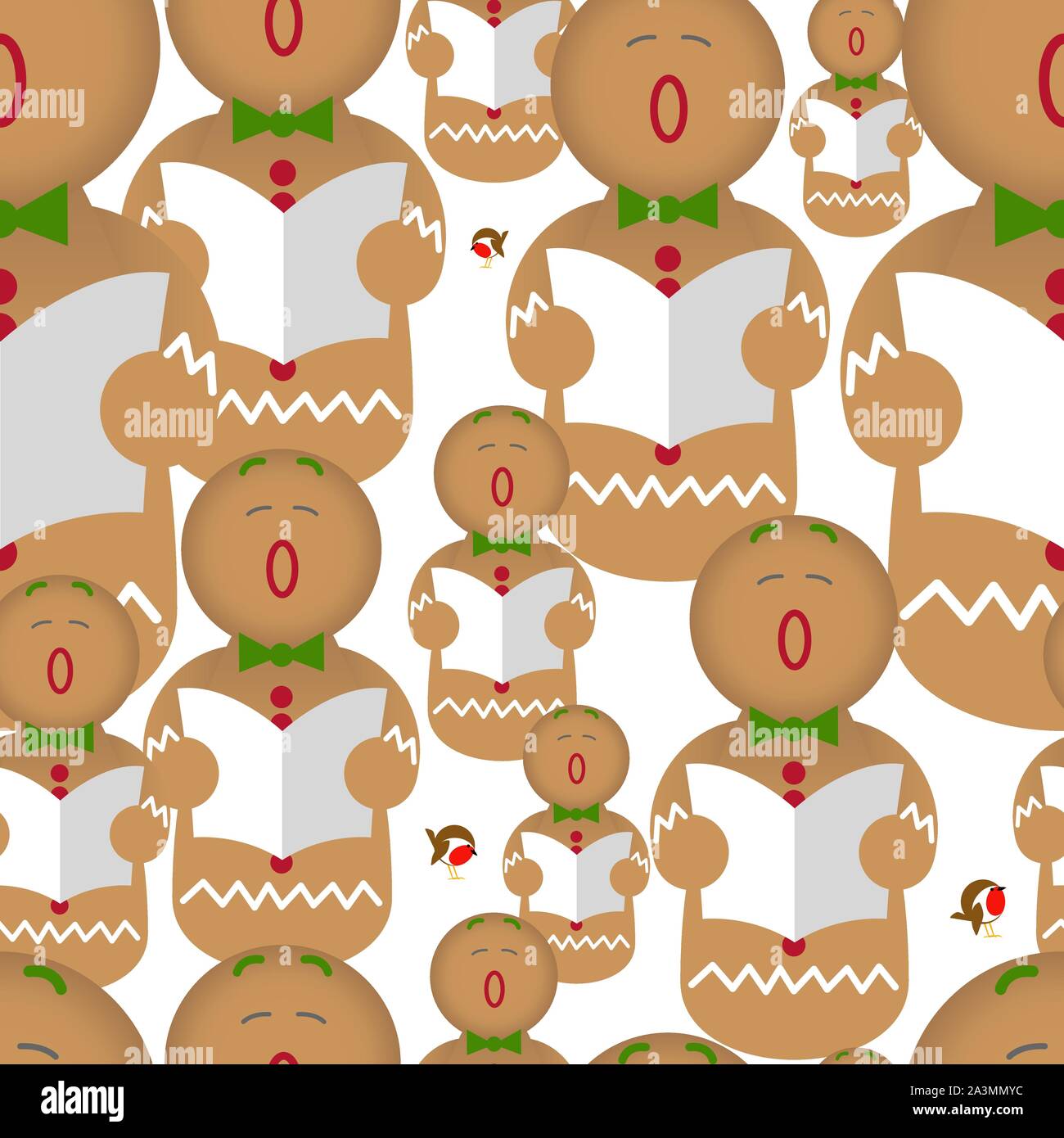 gingerbread man singing christmas carols. Seamless repeat background illustration Stock Vector