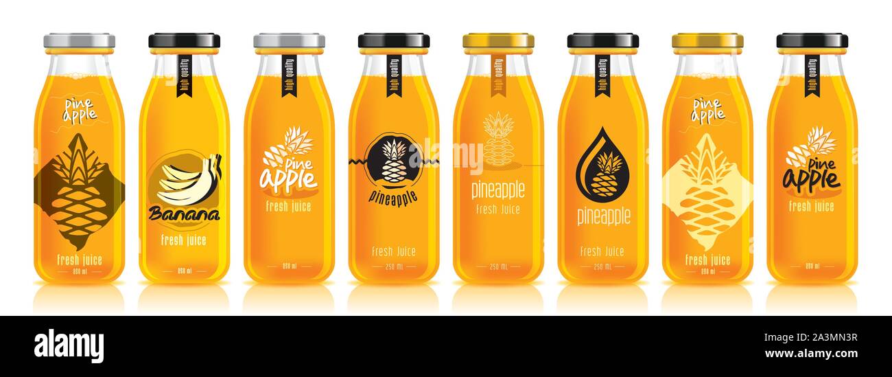 Vector pineapple juice, glass fruit bottle set Stock Vector