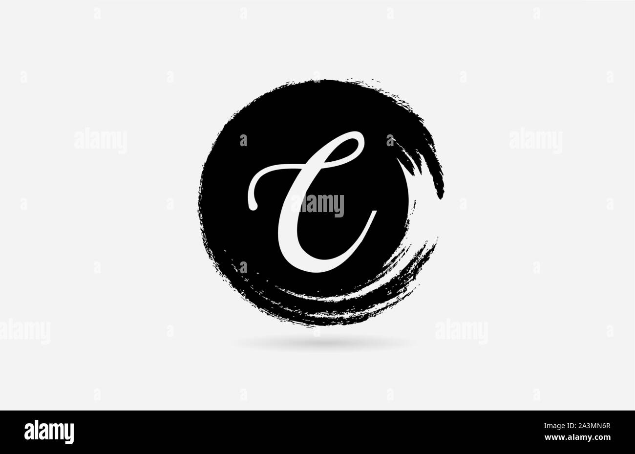 C hand written letter logo alphabet on grunge circle in black and white ...