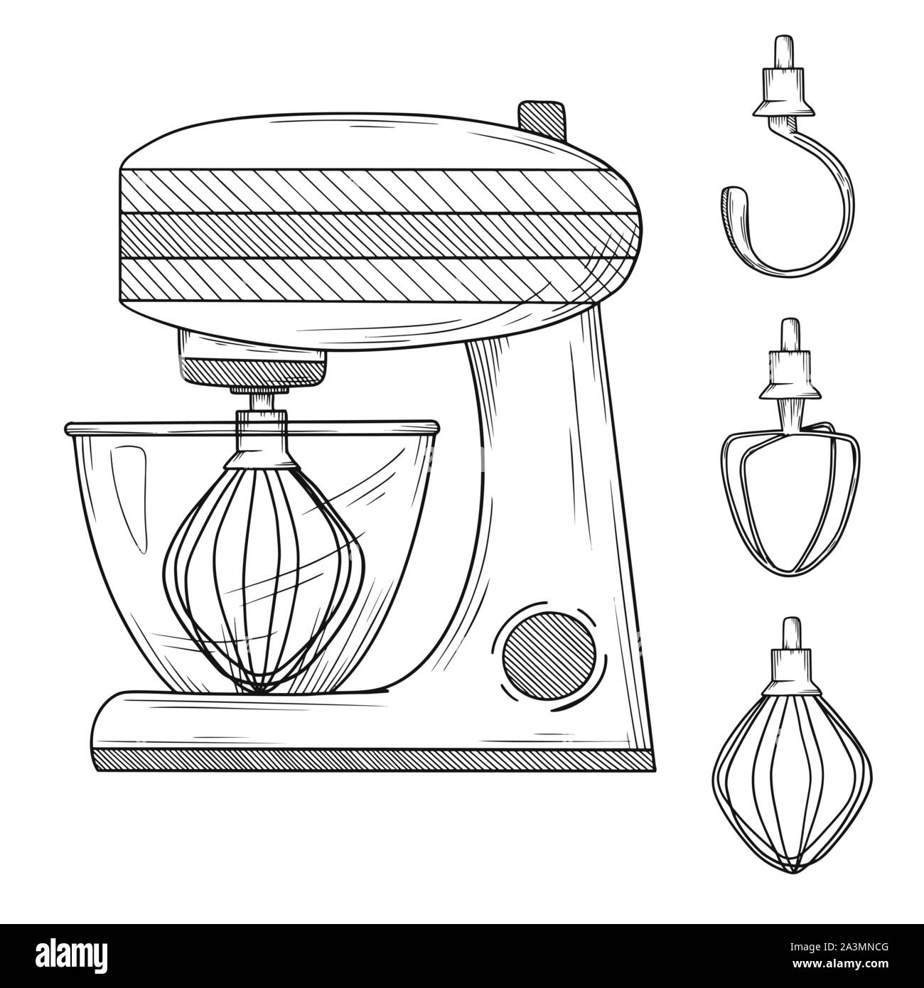 Food processor with different nozzles isolated on white background. Vector illustration in sketch style Stock Vector