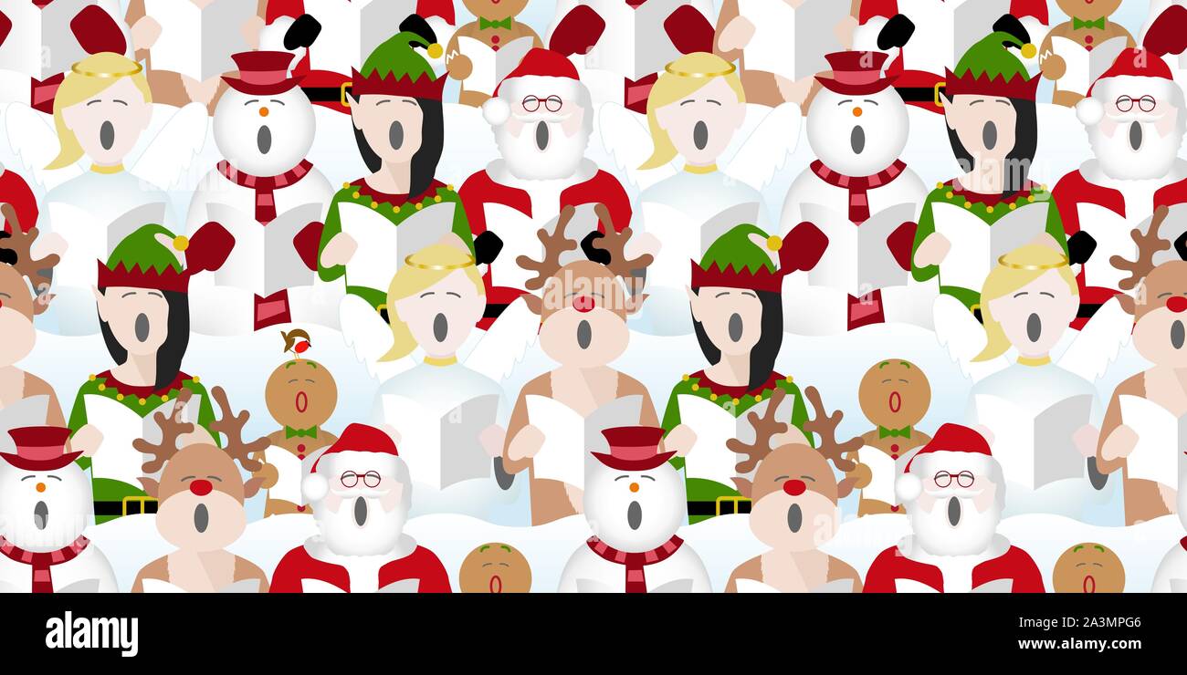 seamless repeat pattern background of santa claus, snowman, elf, gingerbread man, reindeer and fairy singing christmas carols Stock Vector