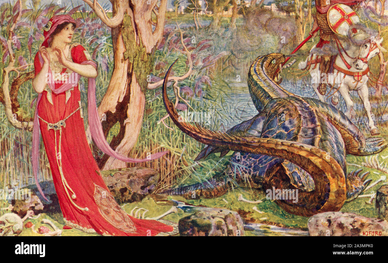 Saint George rescues the princess from the dragon.  From The Book of Saints and Heroes, published 1912. Stock Photo