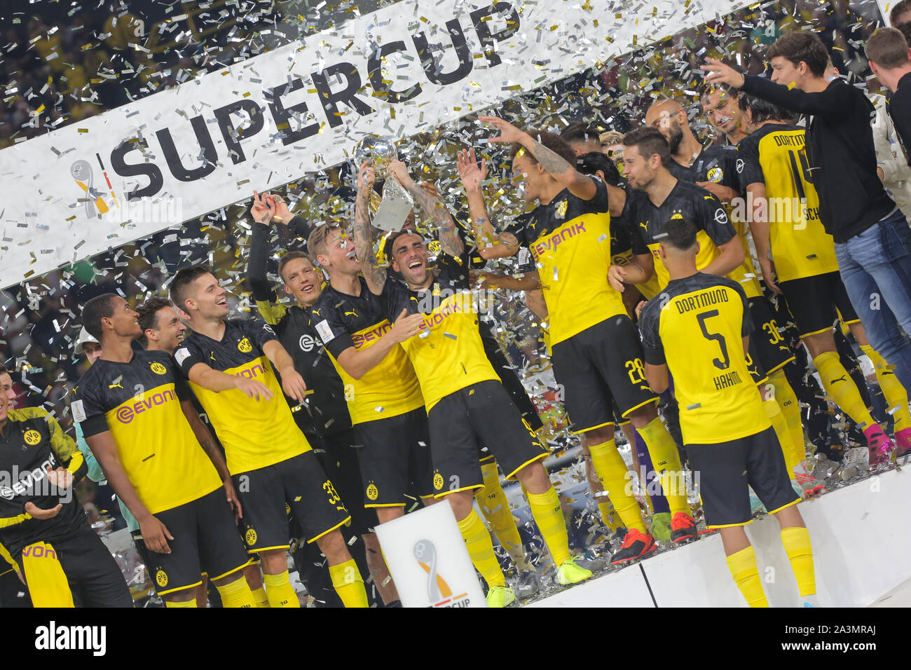 DORTMUND, GERMANY - AUGUST 03, 2019: Borussia Dortmund squad  pictured during the final of the 2019/20 german supercup. Stock Photo