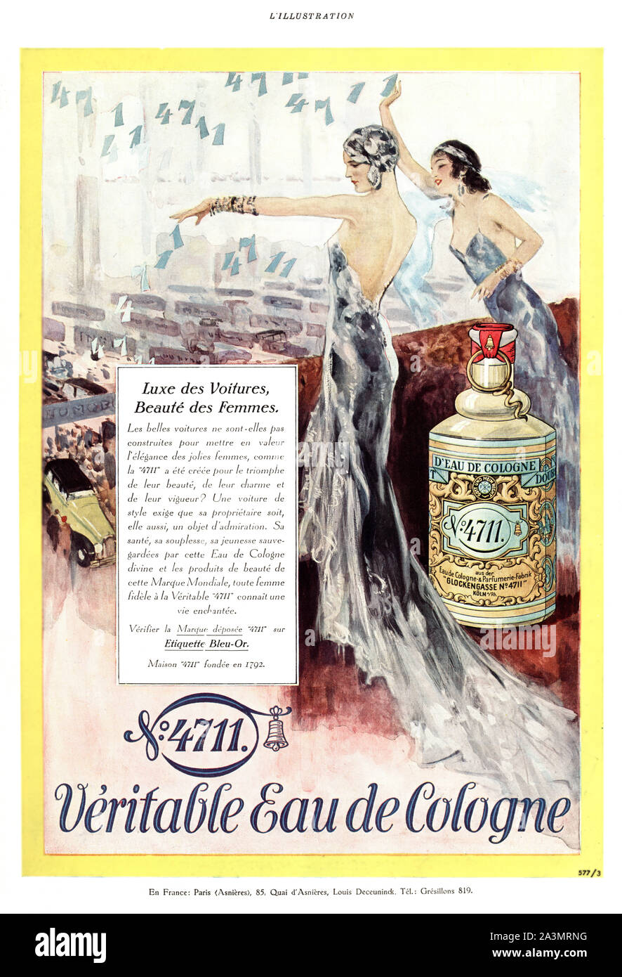 Vintage rare 4711 Eau De Cologne Advertisement from L'Illustration 1930, redacted, enhanced, restored Stock Photo