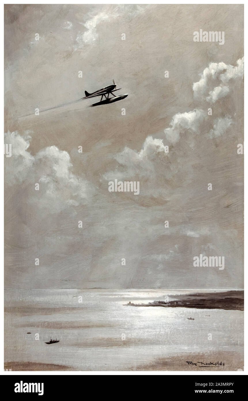 British, WW2, Artwork, Seascape, Schneider Trophy, seaplane aircraft, painting, 1939-1946 Stock Photo