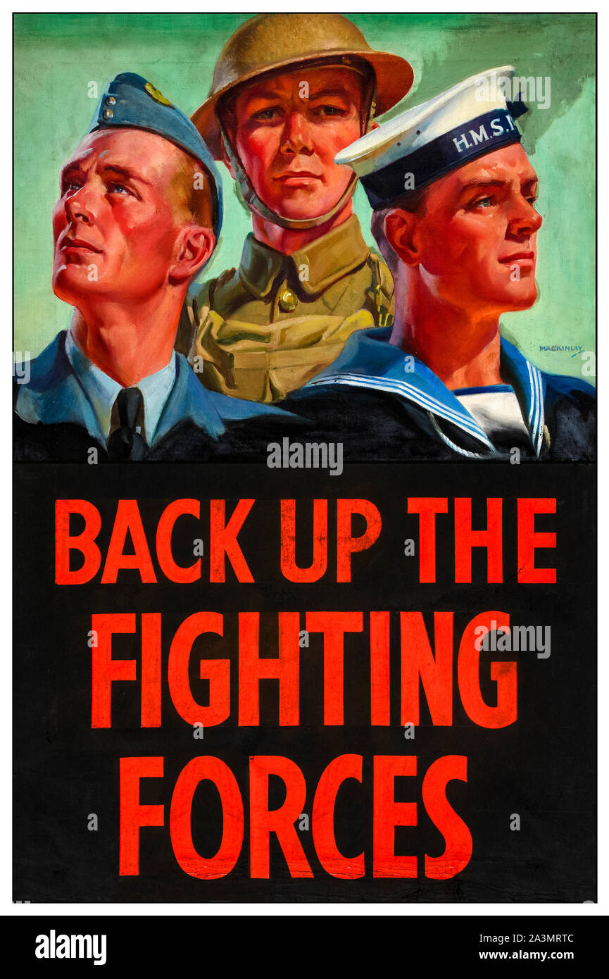 British, WW2, Unity of Strength, Inter-allied co-operation, Back up the fighting forces, (airman, soldier and sailor), poster, 1939-1946 Stock Photo