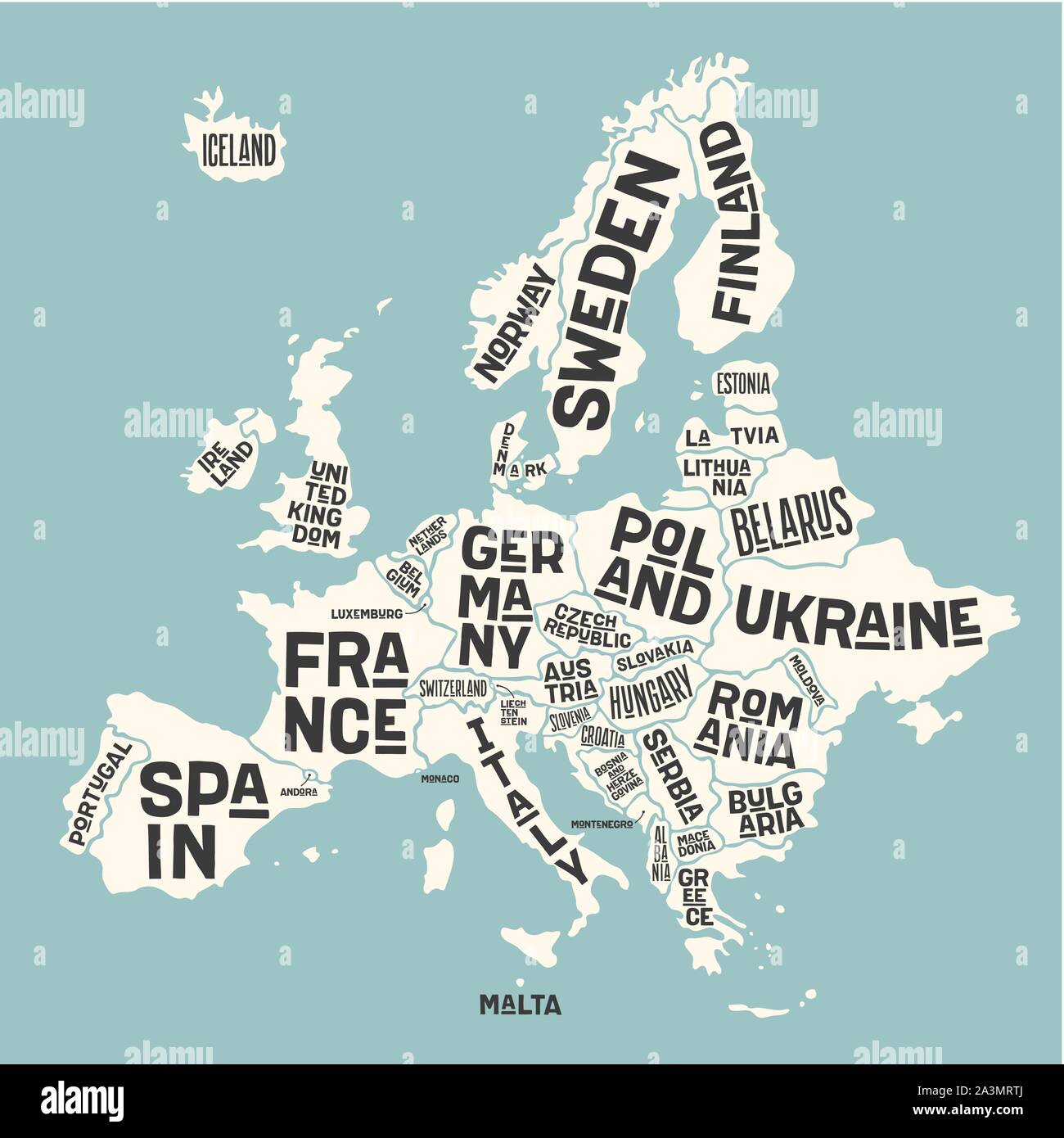 Europe, map. Poster map of the Europe with country names Stock Vector