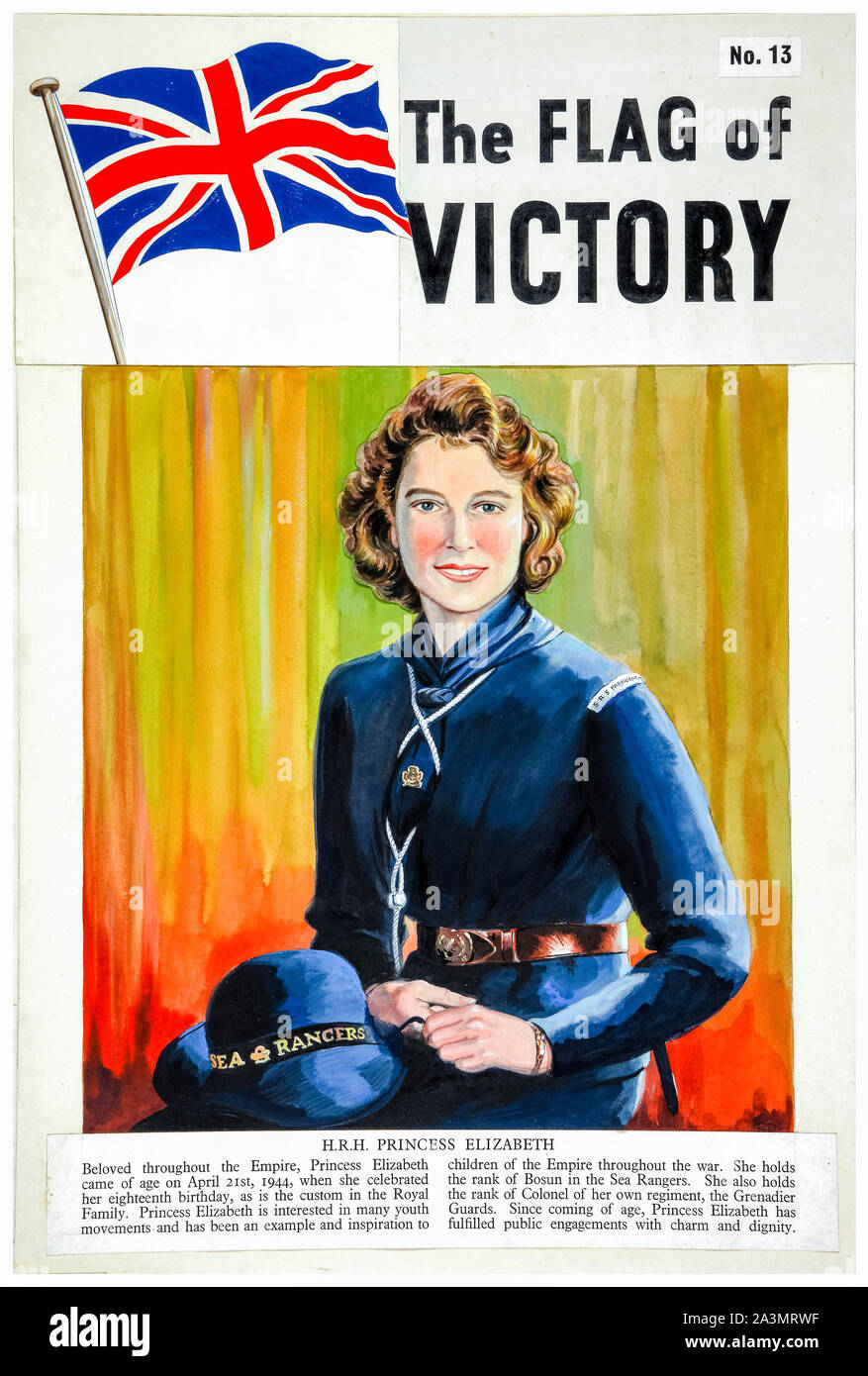 British, WW2, Artwork, HRH Princess Elizabeth in uniform of the Sea Rangers (magazine cover), portrait painting, 1939-1946 Stock Photo