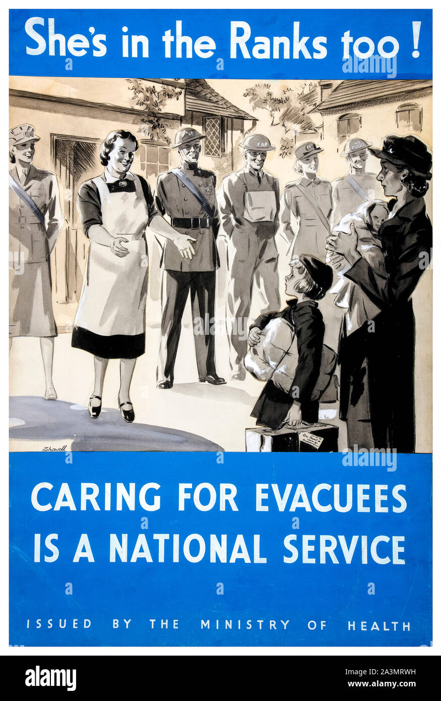 British, WW2, Evacuation of Children poster, She's in the Ranks too!, Caring for evacuees is a national service, (foster carer figure among soldiers), 1939-1946 Stock Photo