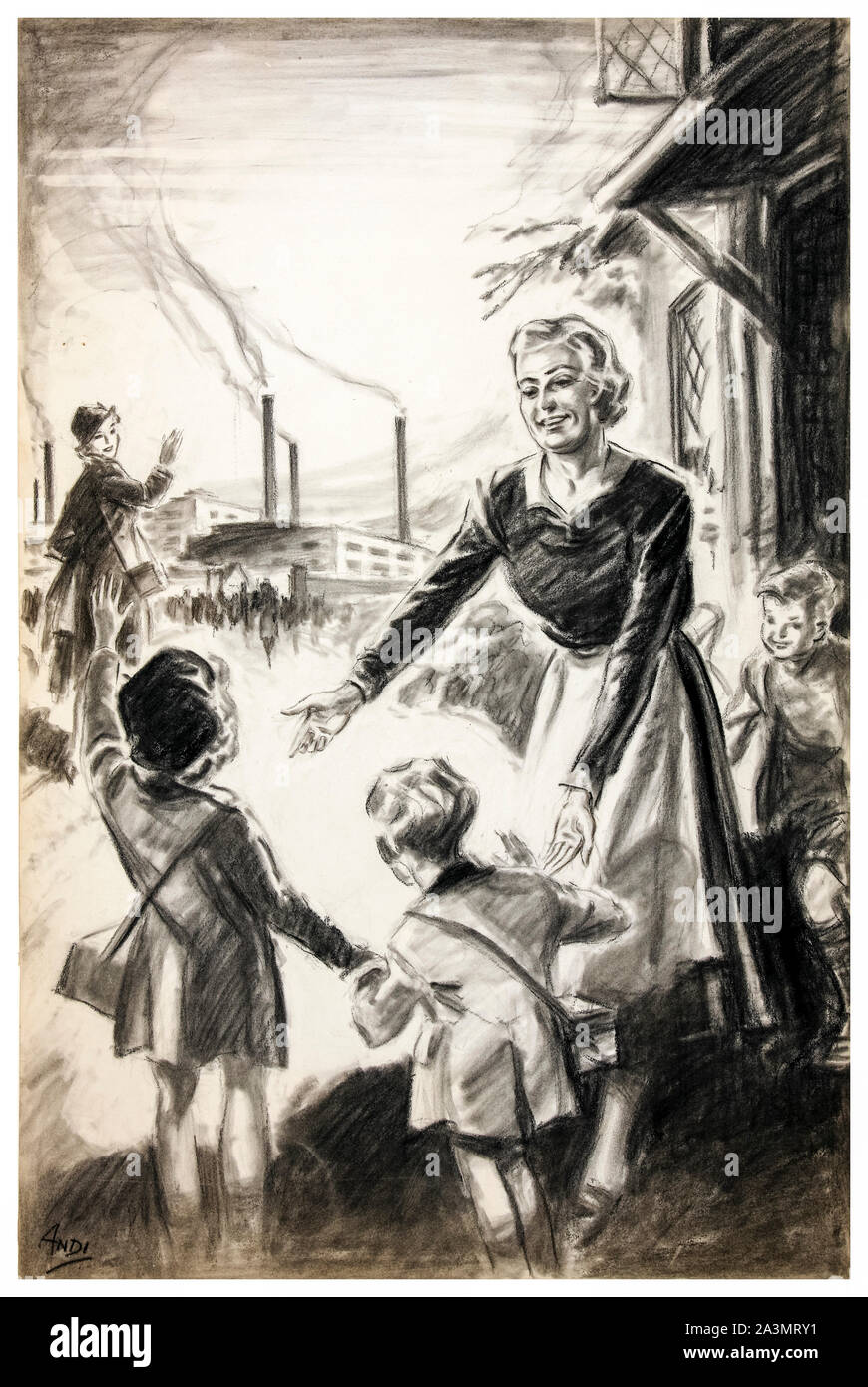 British, WW2, Child minding poster, If you can't go to the factory, help the neighbour who can, (woman off to work in factories leaves children with childminder) 1939-1946 Stock Photo