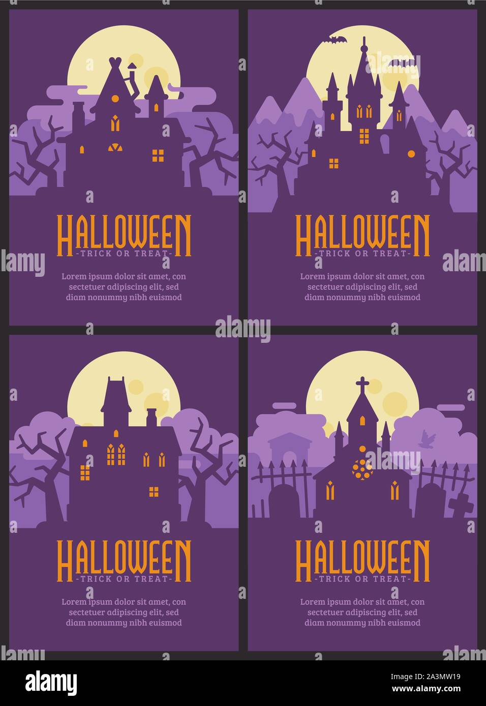 Four flyers with Halloween houses. Witch hut, Vampire castle, Haunted house and Graveyard chapel. Spooky Halloween posters Stock Vector