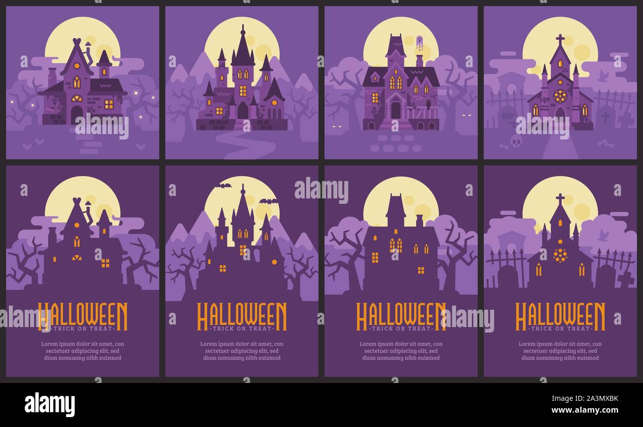 Four Halloween houses and flyers. Witch hut, Vampire castle, Haunted house and Graveyard chapel. Spooky Halloween backgrounds and posters Stock Vector