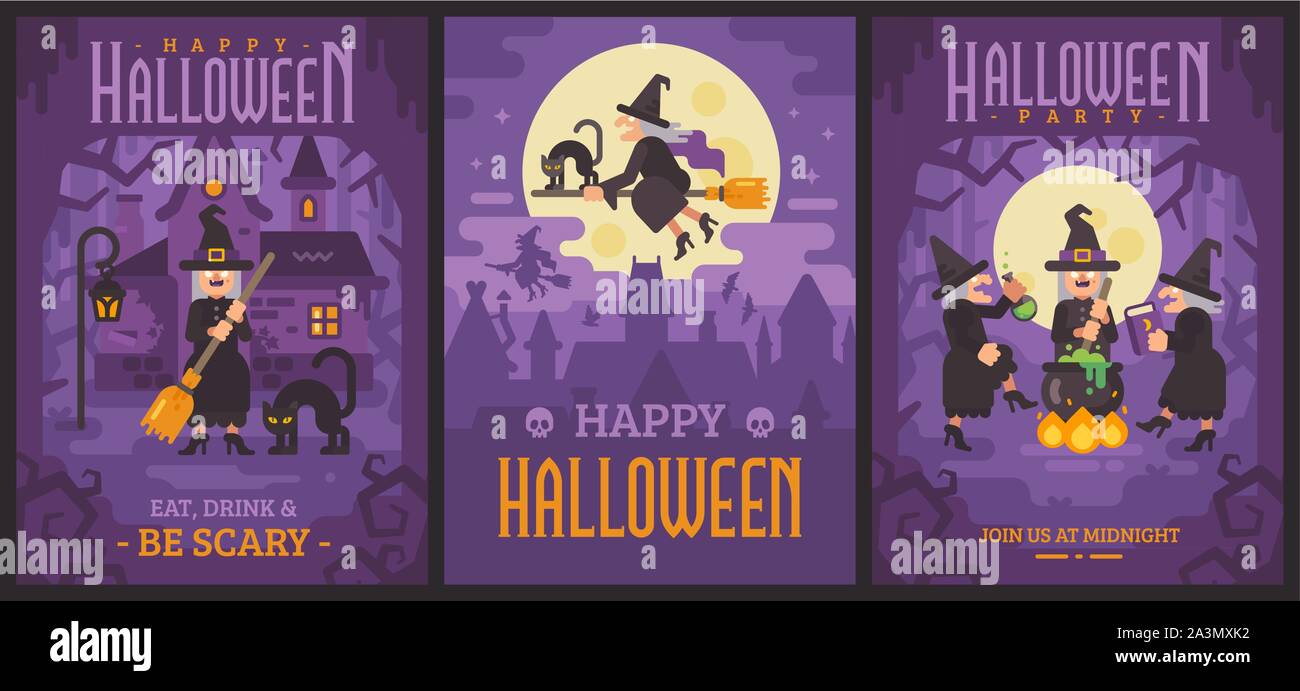 Three Halloween posters with old witches Stock Vector