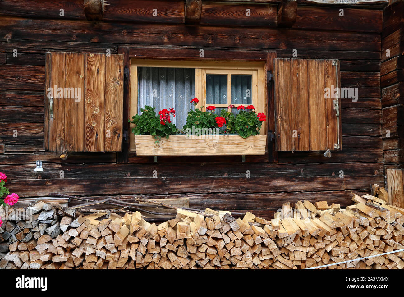 Beautiful geranium on the window of a wooden house Stock Photo - Alamy