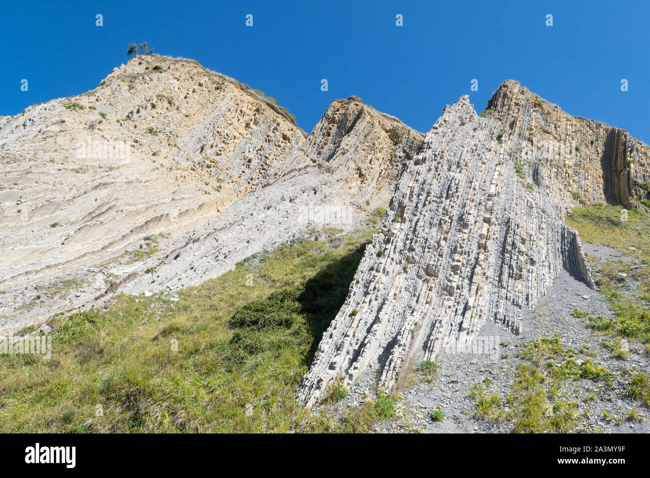 sedimentary rock formations called flysch on the Basque Coast Geopark at Itzurun Beach,  Zumaia, Spain, Europe Stock Photo