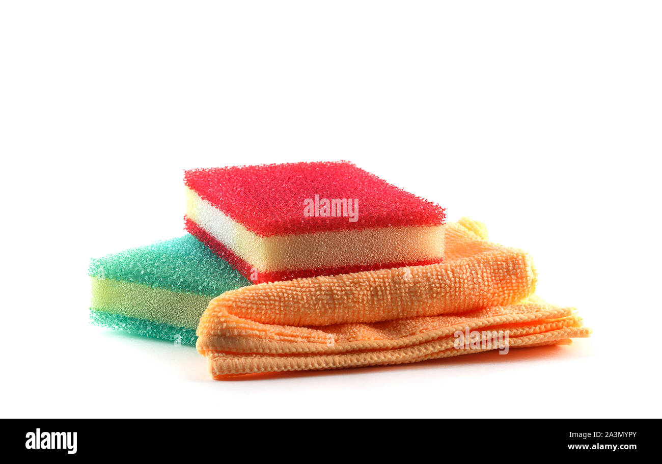 Two sponges and cleaning cloth isolated Stock Photo