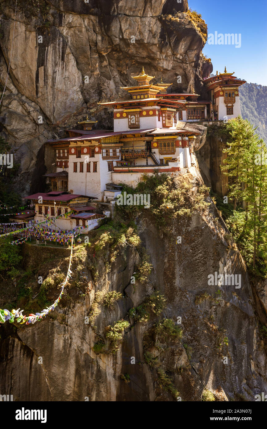 Paro Taktsang, known as Tiger's Nest, is a prominent Buddhist sacred site in Bhutan. Stock Photo