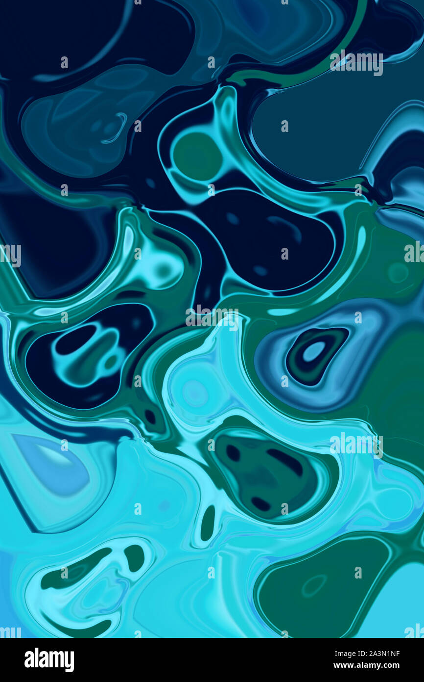Liquid diffusion of mint green and indigo acrylic paint dropped in the water Stock Photo