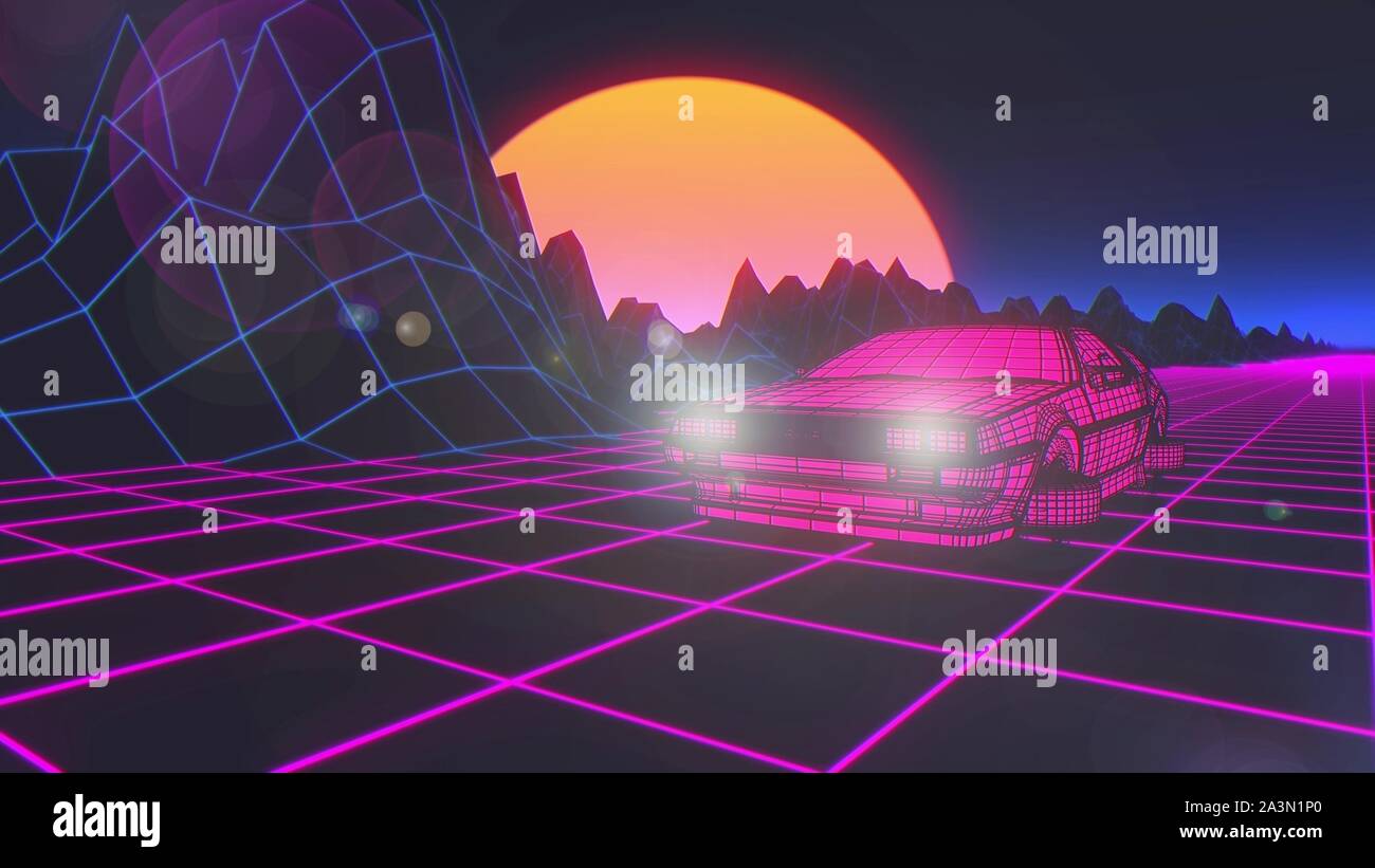 Cyberpunk car in 80s style moves on a virtual neon landscape. 3d