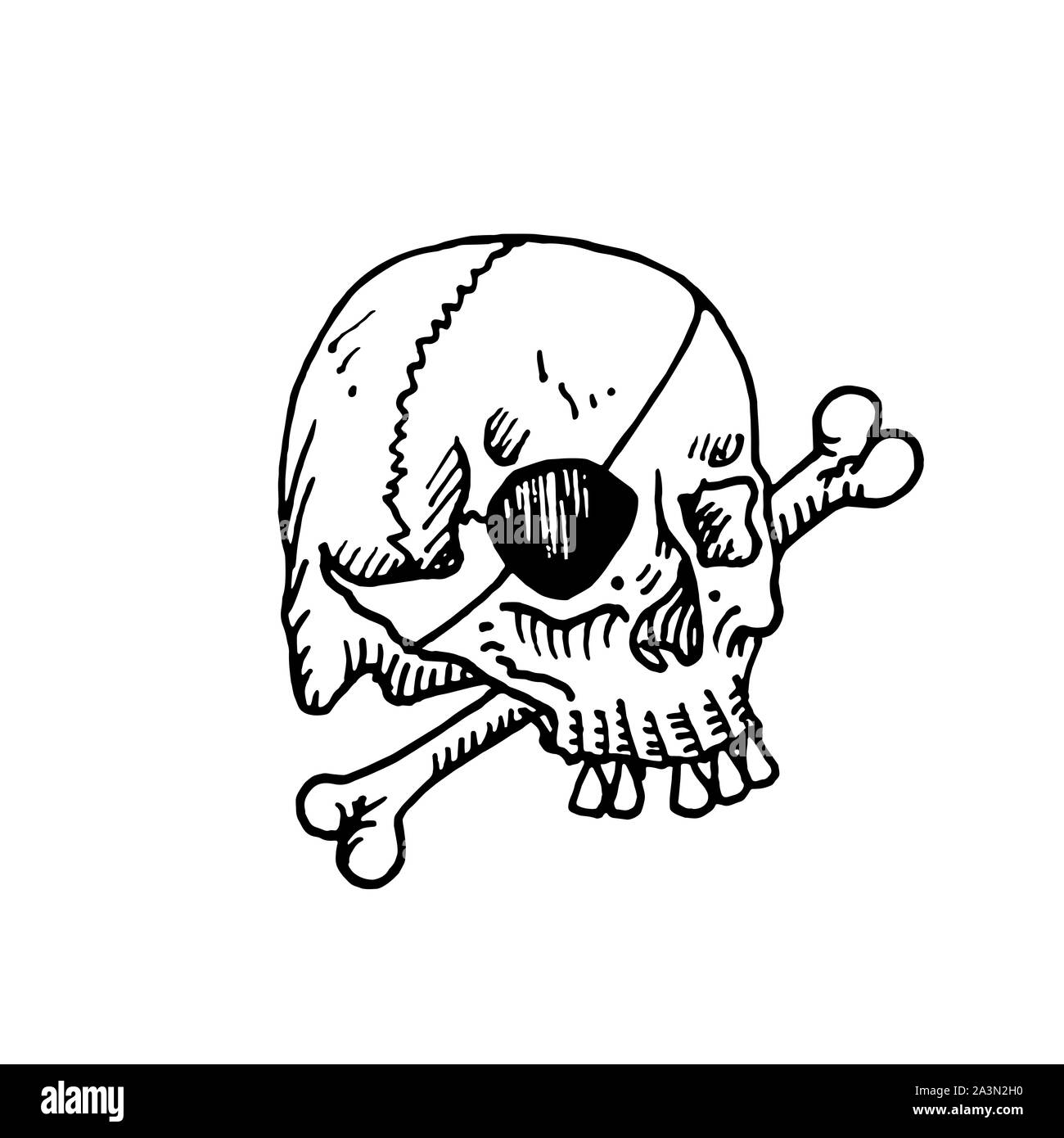 Skull with pirate eyepatch laying on bone, hand drawn doodle, sketch, black and white illustration Stock Photo