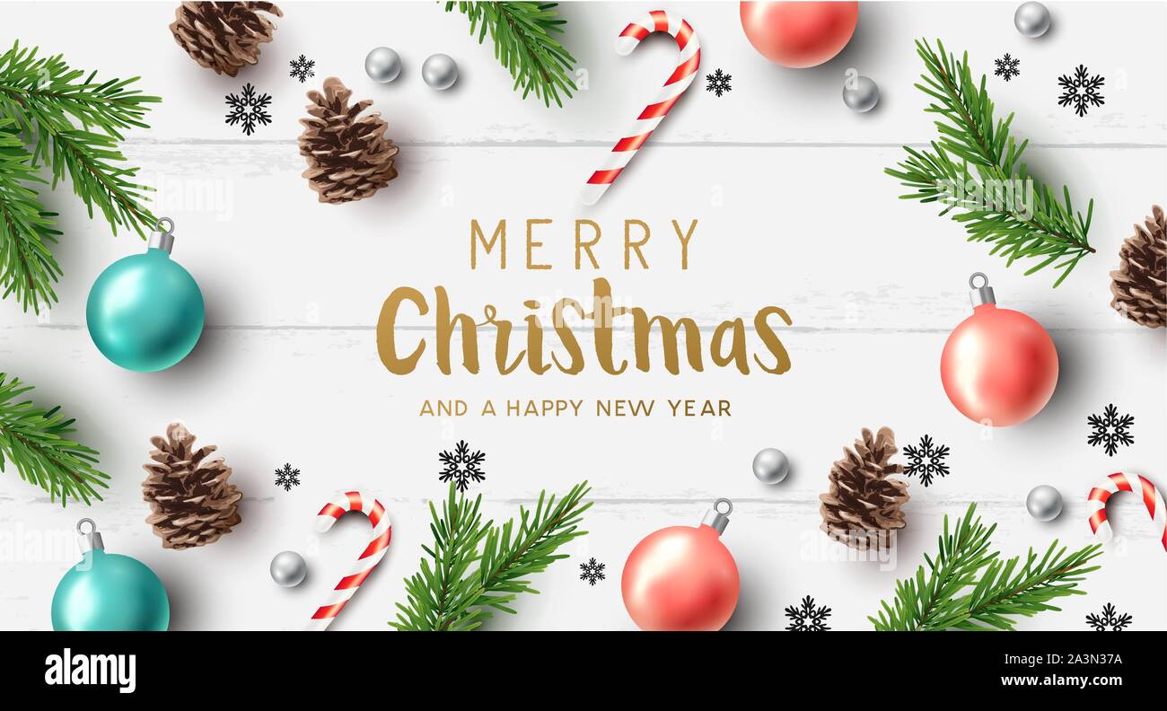 Merry christmas composition with christmas elements on a rustic wood background. Vector illustration. Stock Vector