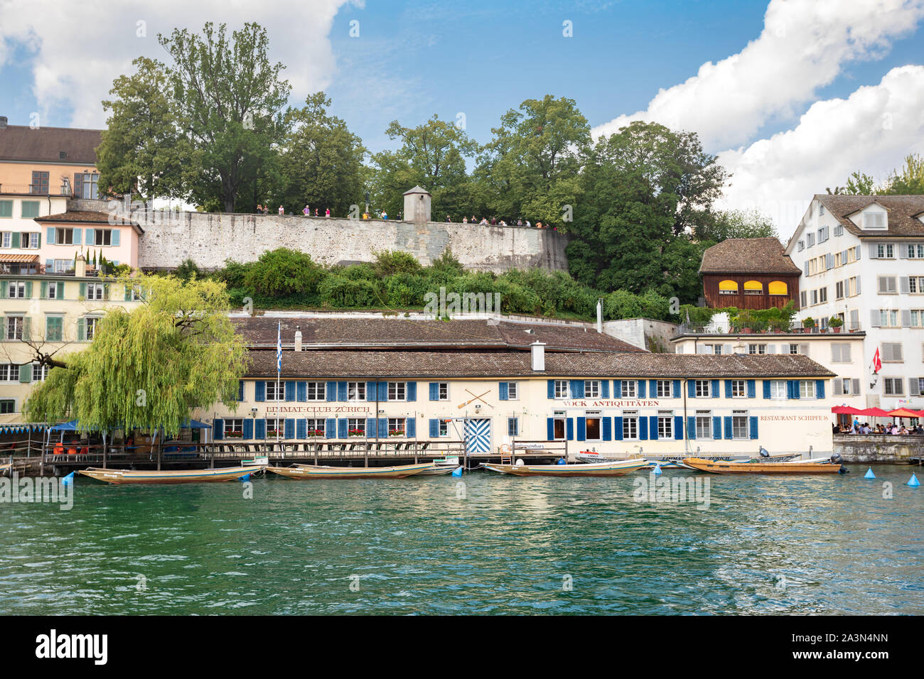 Buinding of Bootshaus Schipfe and Limmat Club in Zurich and Lindenhof hill, Switzerland Stock Photo