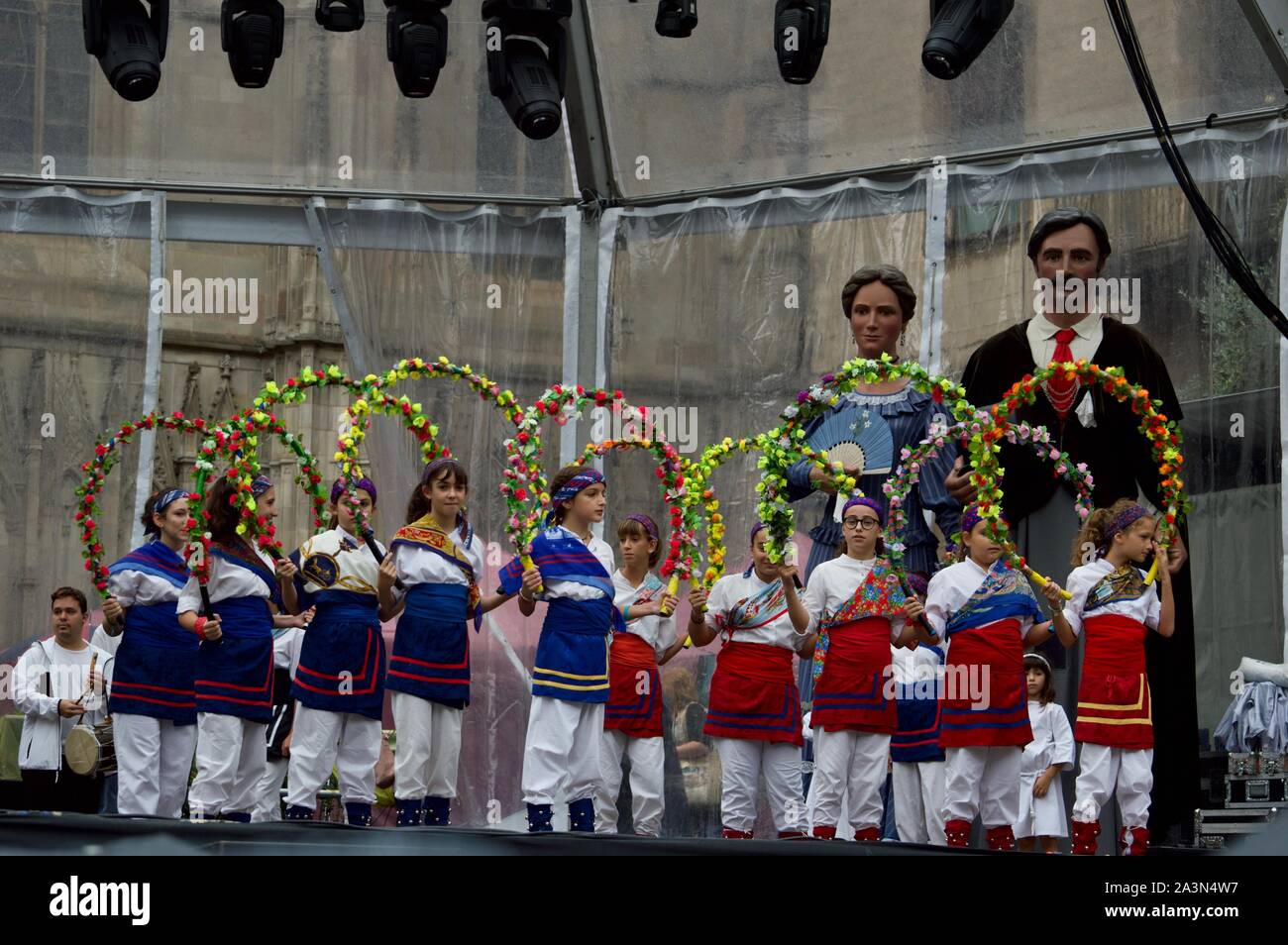 Girls performing at La Merce Festival in Barcelona, Spain Stock Photo