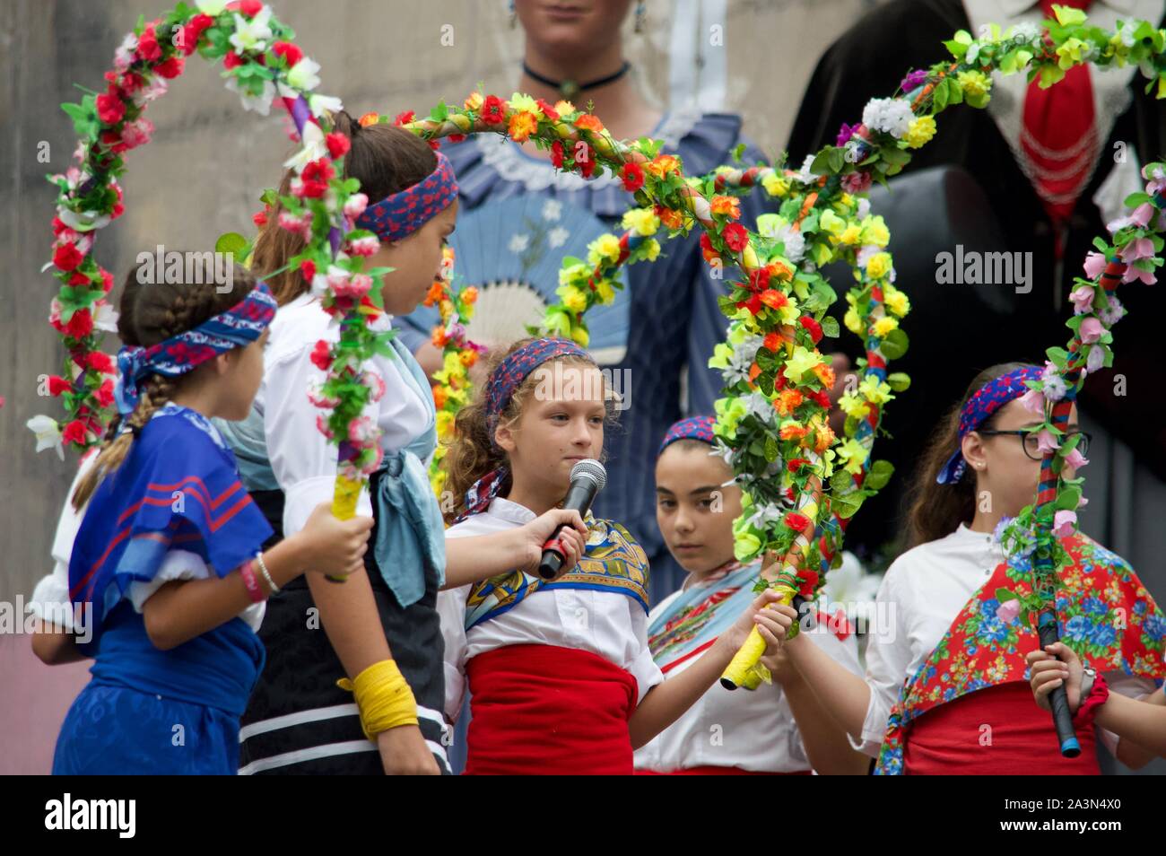 Girls performing at La Merce Festival in Barcelona, Spain Stock Photo