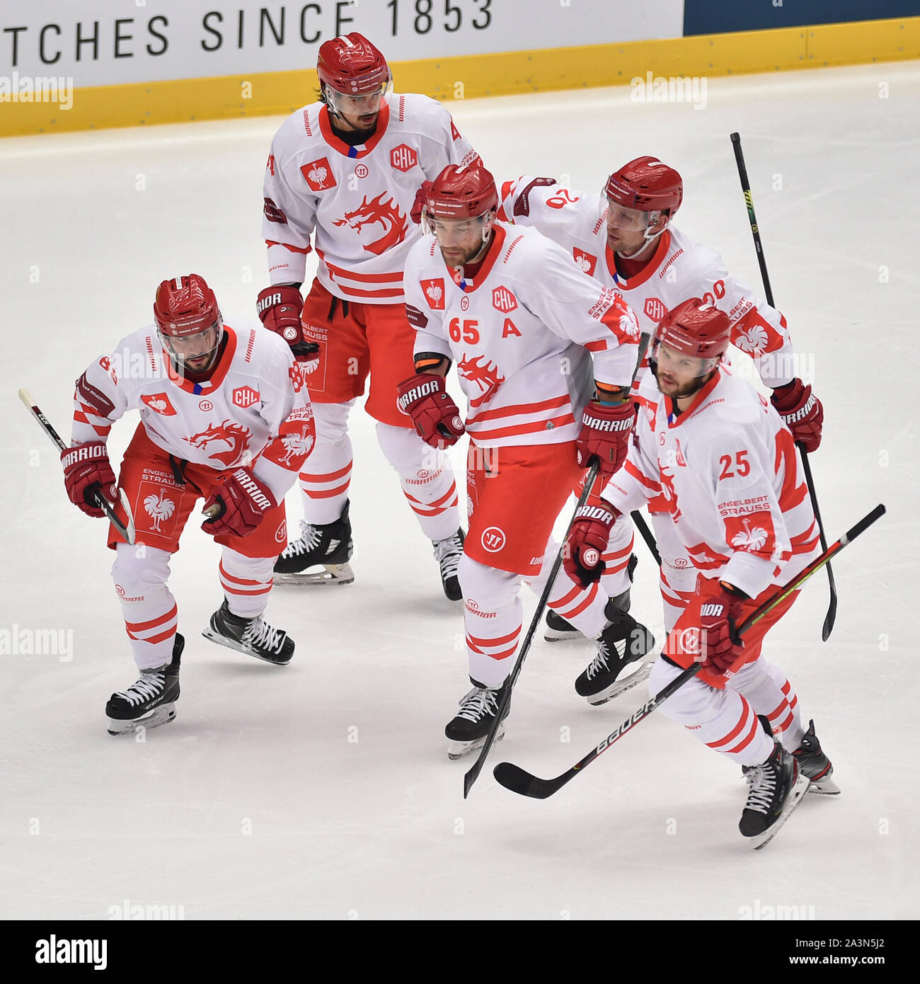 Trinec, Czech Republic. 09th Oct, 2019. Players of Trinec (from left) Erik  Hrna, Matej Stransky, Tomas Marcinko, Petr Vrana and Vladimir Roth  celebrate goal during the Ice Hockey Champions League group D