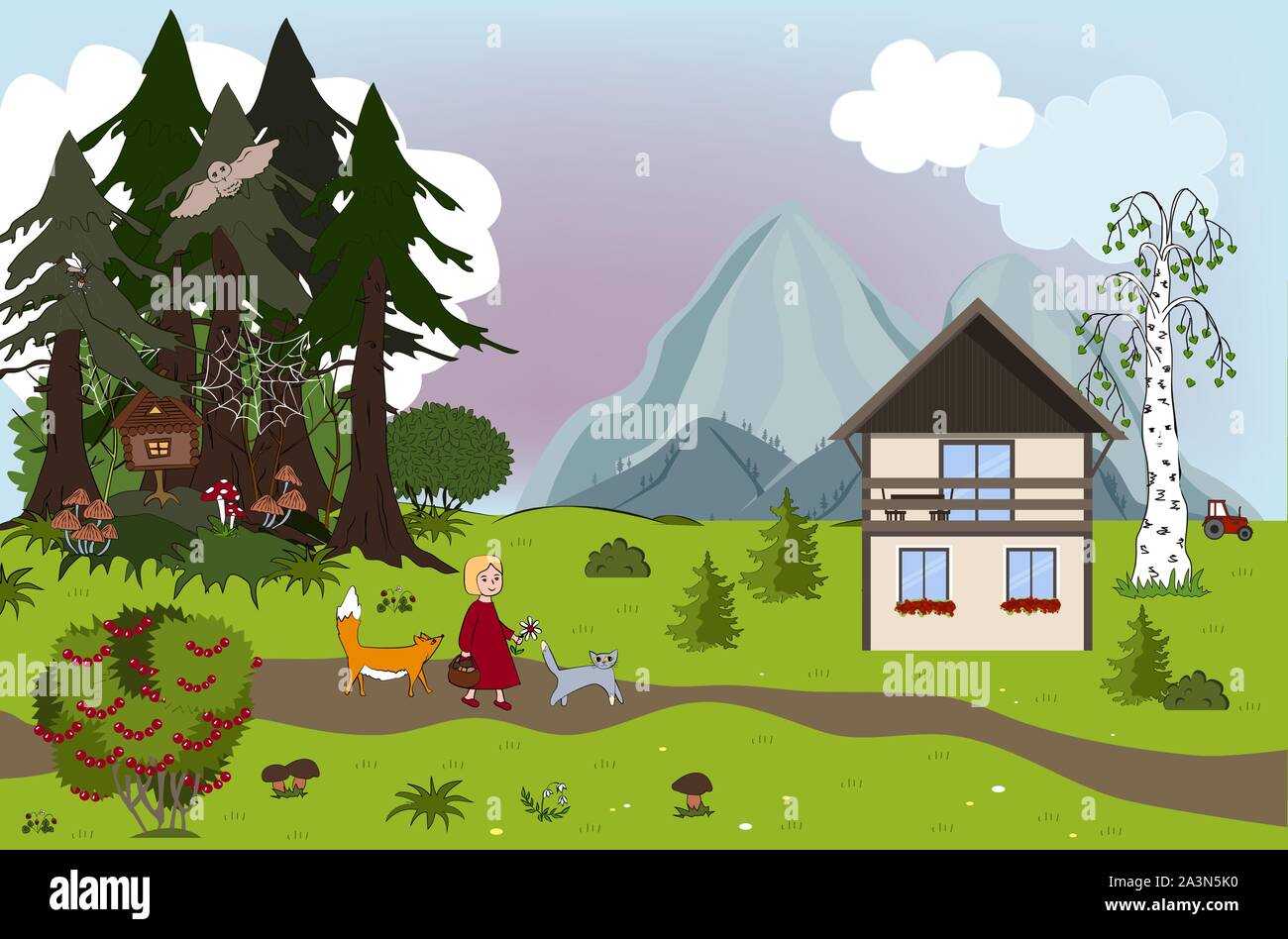 Little girl goes out of wild magic forest after gathering mushrooms. Girl and her friends cat and fox. Childish background for mats and other design. Stock Vector