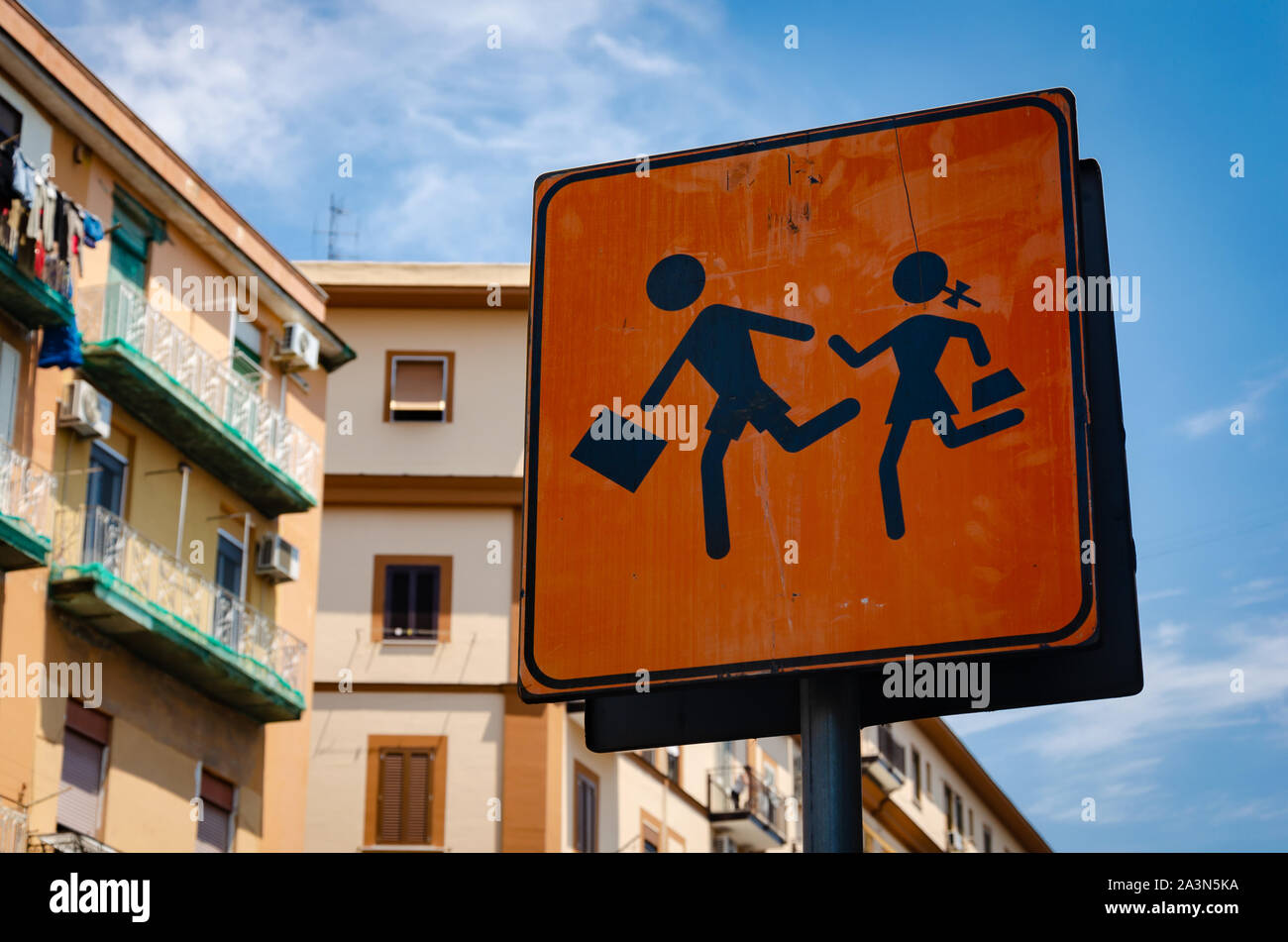 Beware of children road sign in Italy. Stock Photo