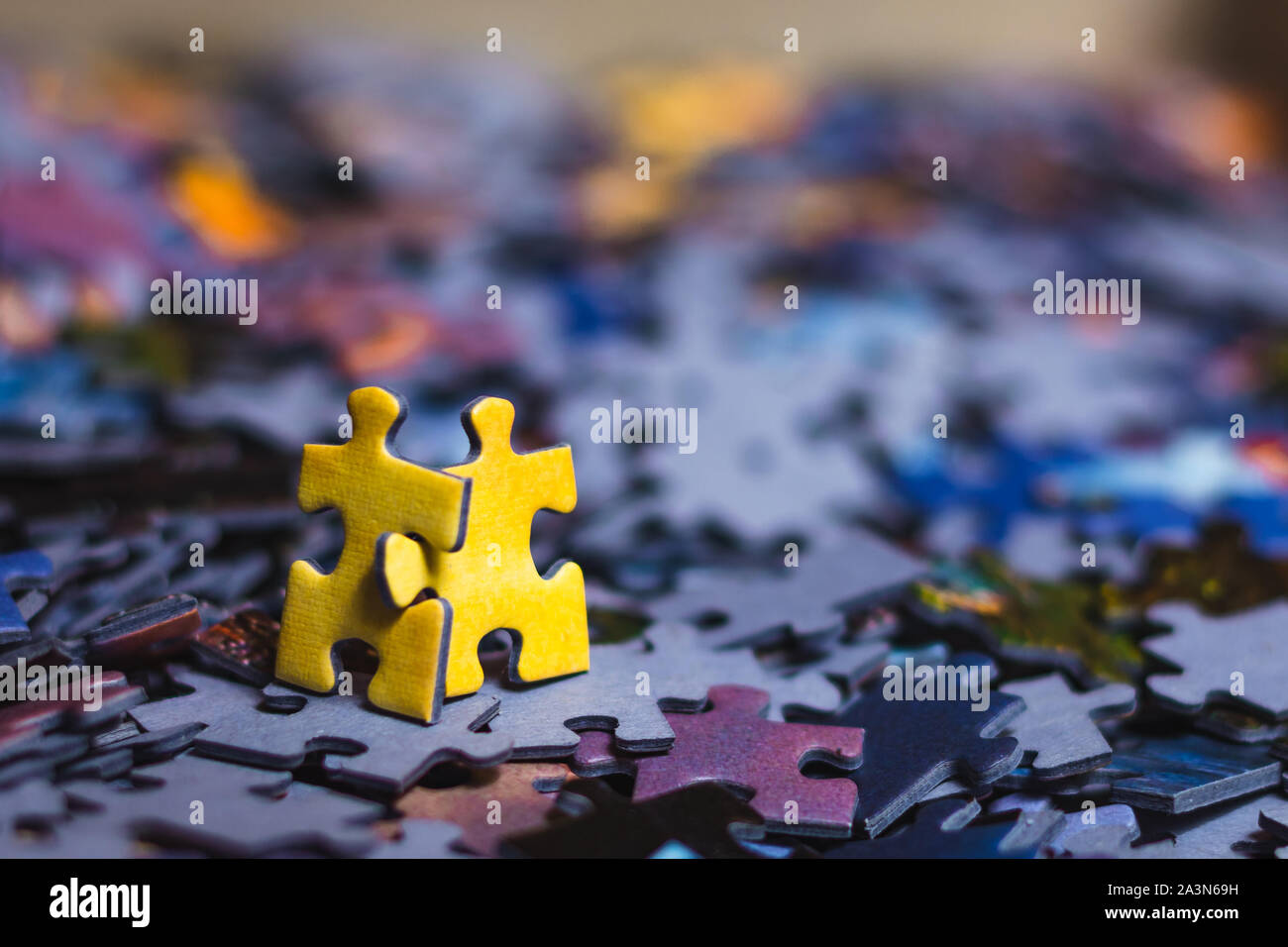 Teamwork concept, two yellow puzzles are walking together after scattered puzzles with blurry background. Stock Photo
