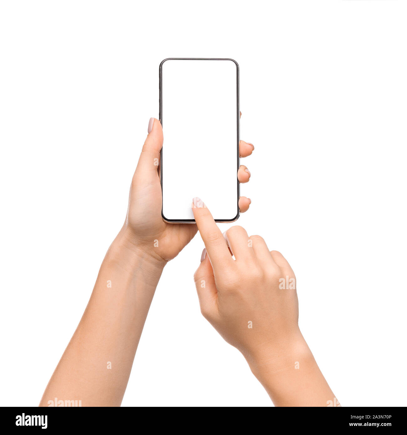 Young woman's hands using smartphone with blank screen Stock Photo
