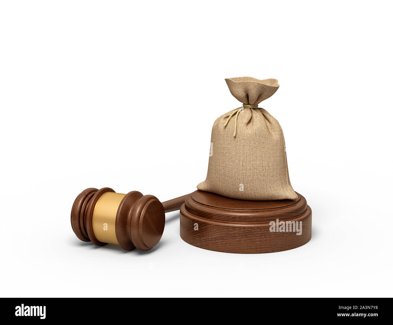 3d rendering of canvas money bag standing on sounding block with gavel beside. Stock Photo