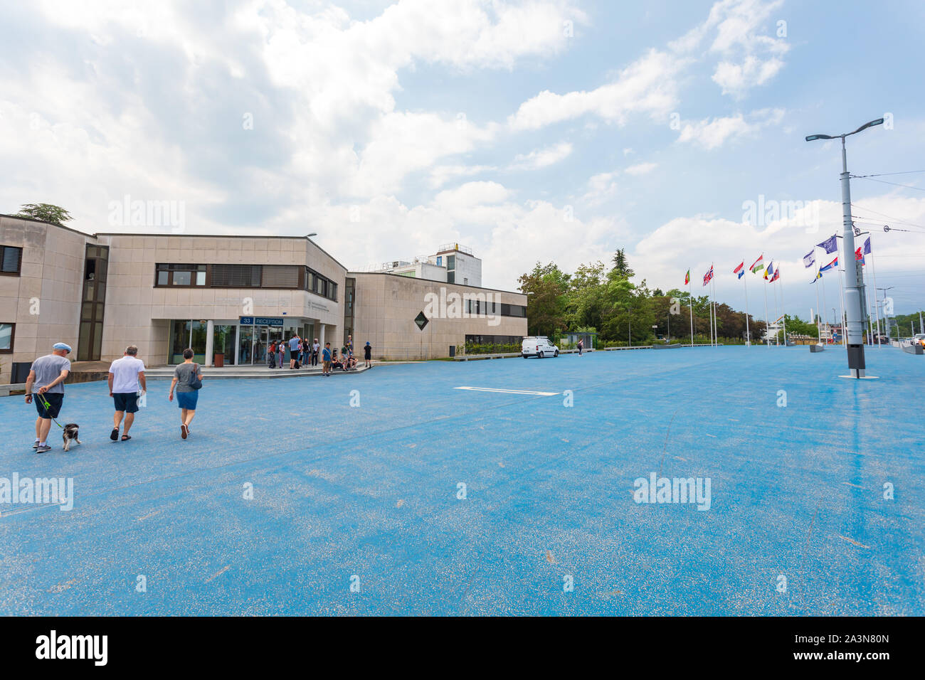 CERN entrance, Geneva, Switzerland. The European Organization for Nuclear Research, one of the world's largest centers for scientific research. Stock Photo