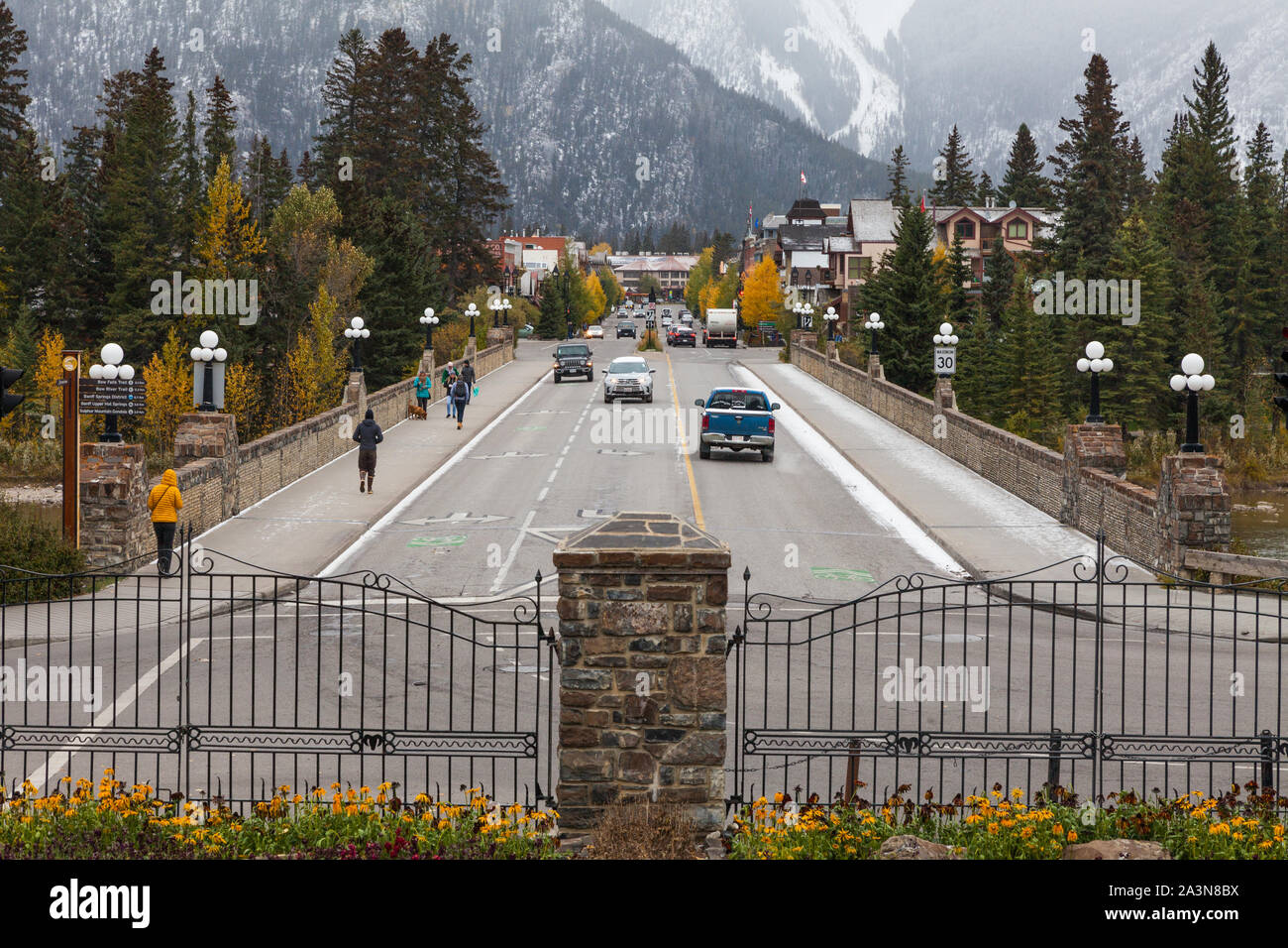 Looking along Banff Avenue from the grounds of the Park Administration Building in Banff Alberta Canada Stock Photo