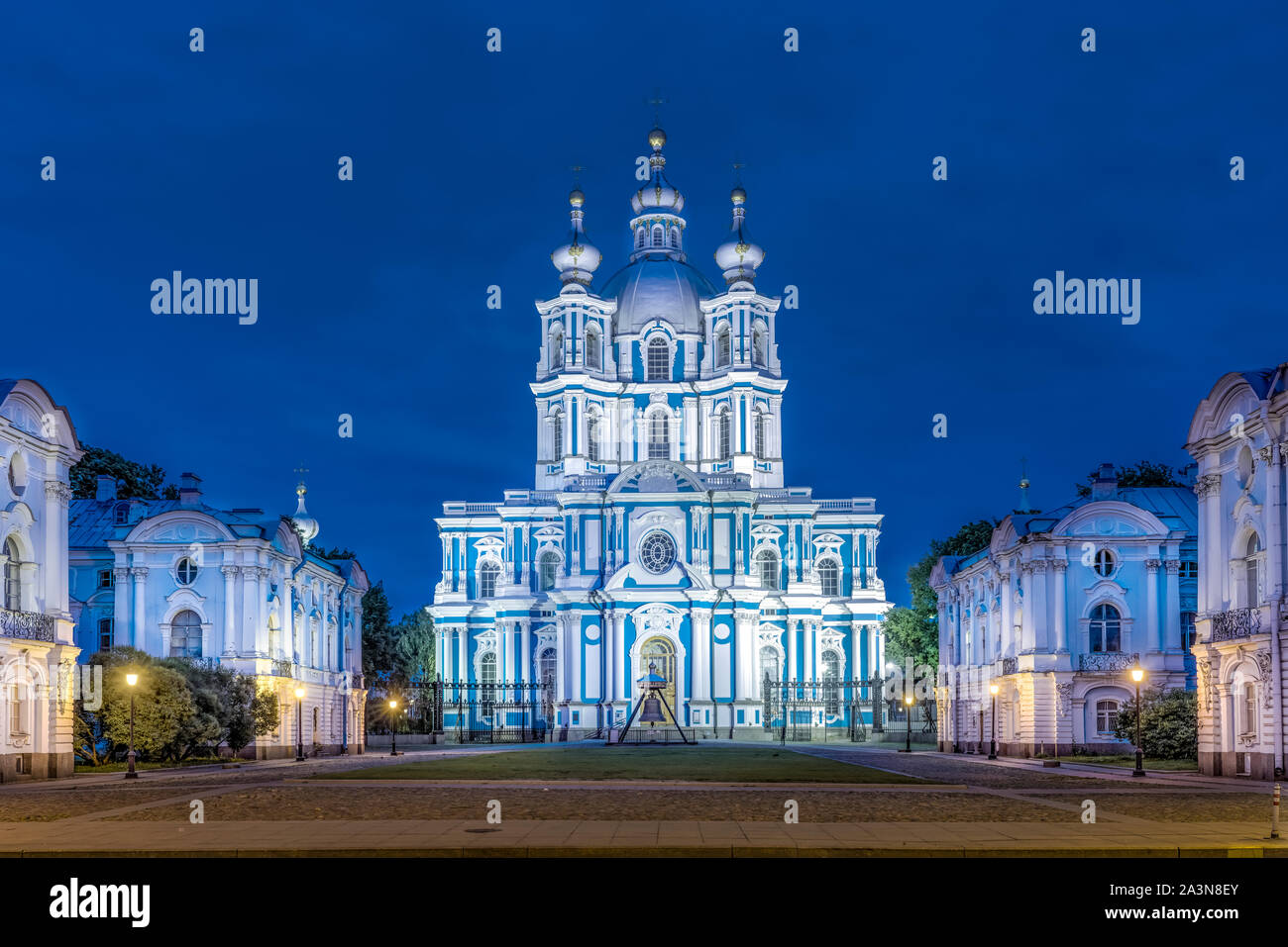 The Smolny Cathedral illuminated at night in St. Petersburg, Russia