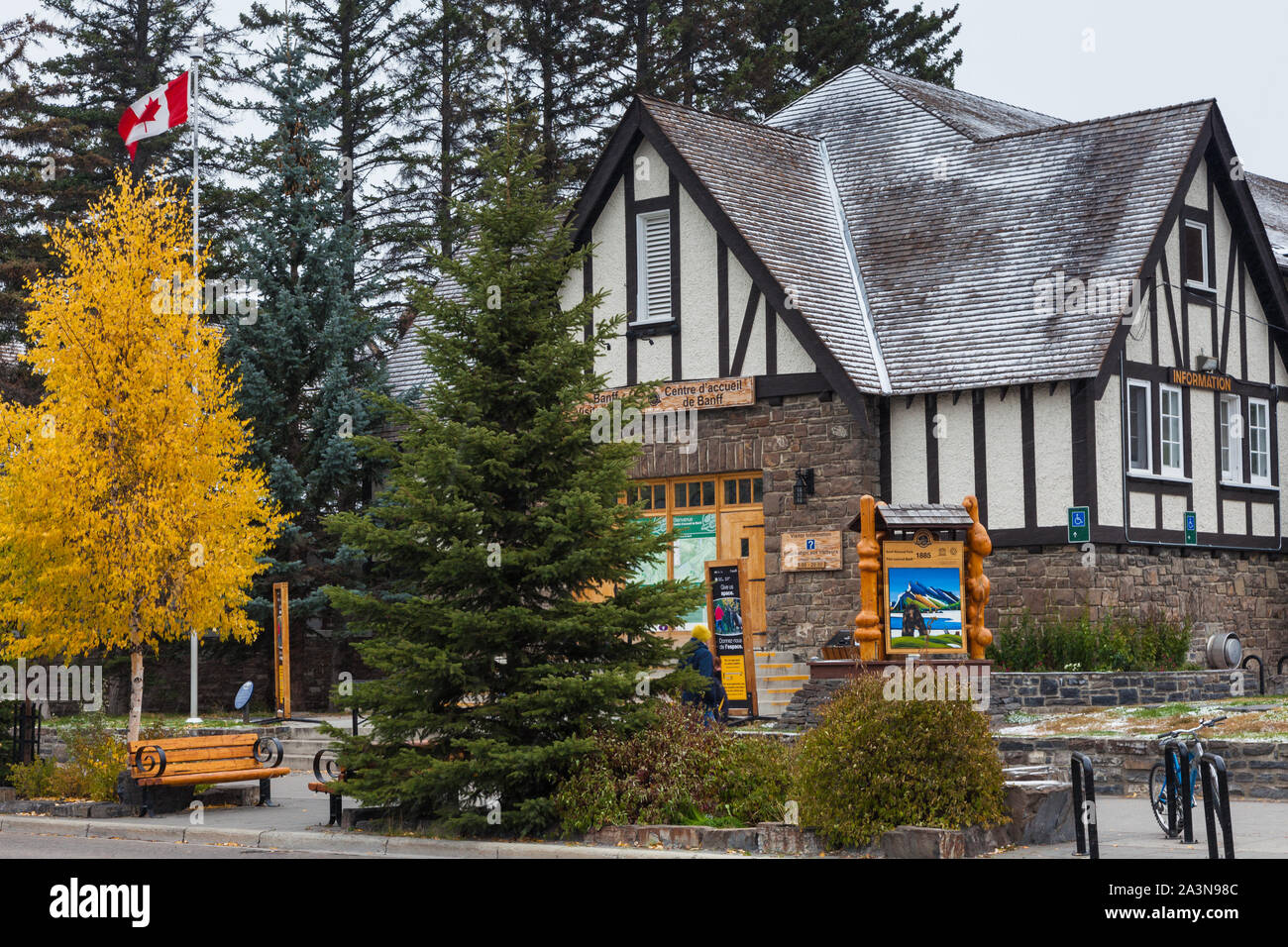 Banff National Park tourist office on Banff Avenue Banff Alberta Canada Stock Photo