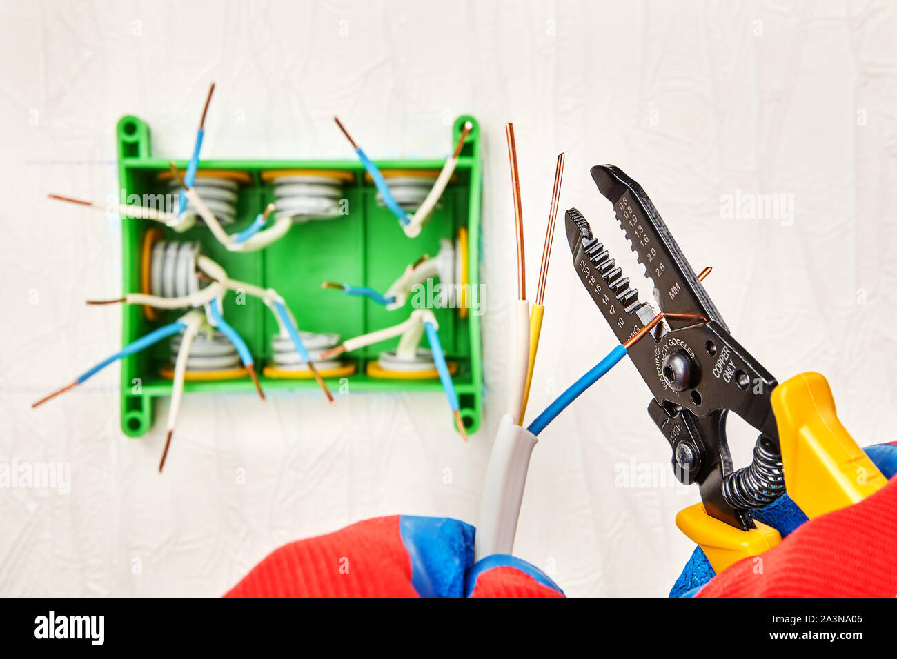 Electrical work, repair of home wiring, an electrician cuts the ends of ...