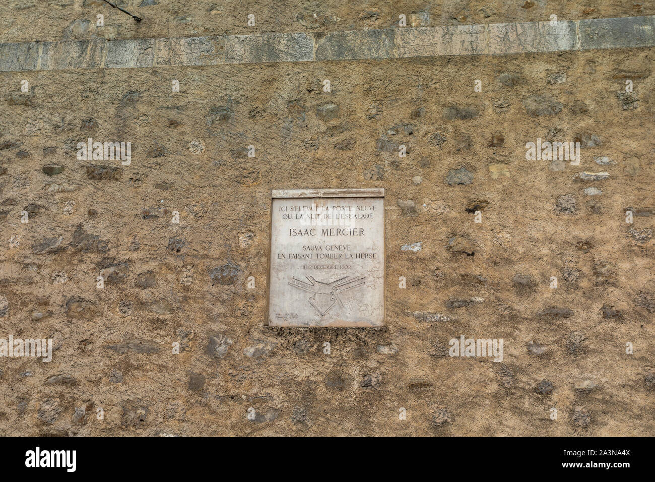 Commemorative plaque located at Rampe de la Treille Genève, Switzerland recalling the heroic act of Isaac Mercier Stock Photo
