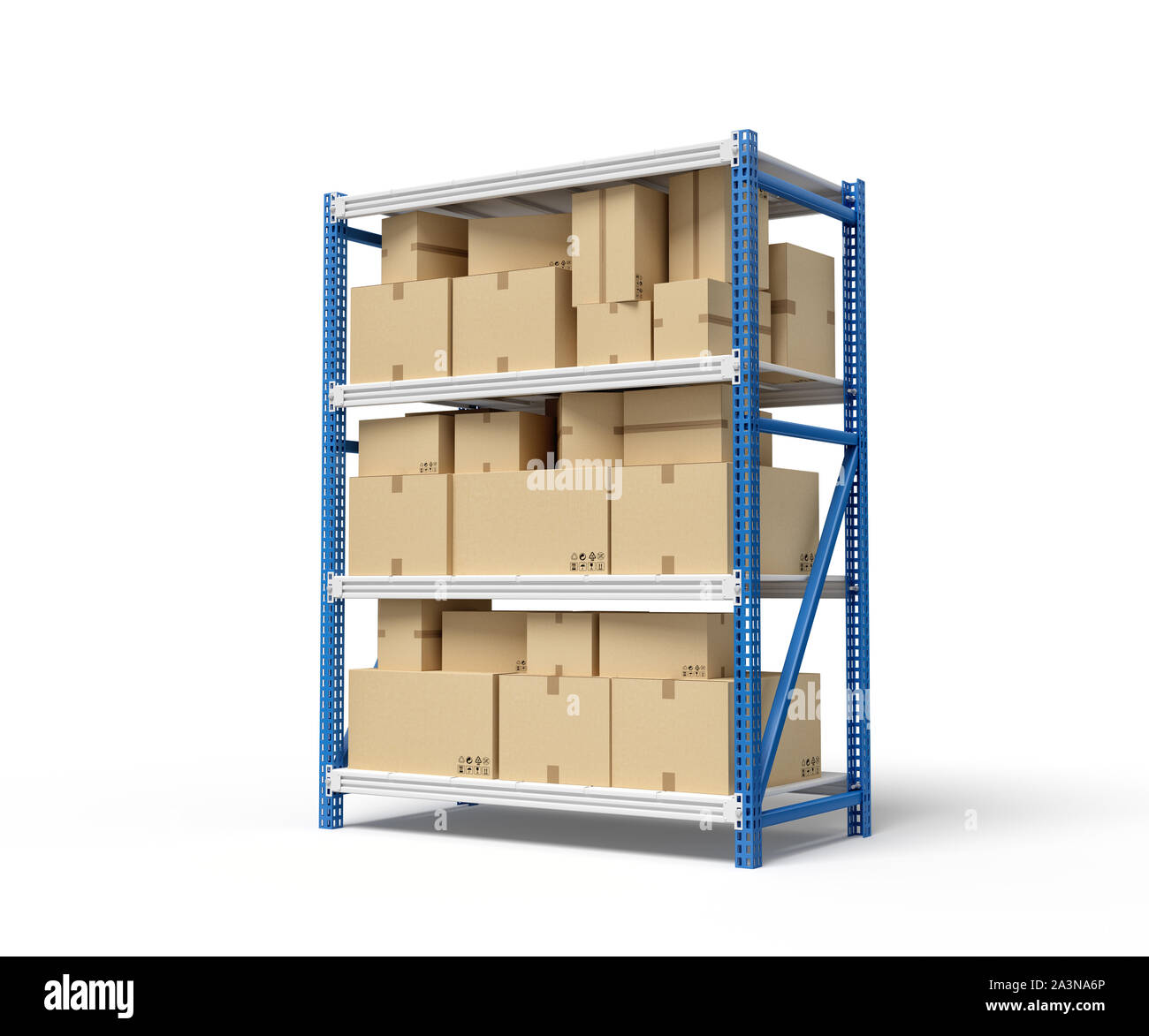 3d rendering of cardboard boxes on metal racks Stock Photo