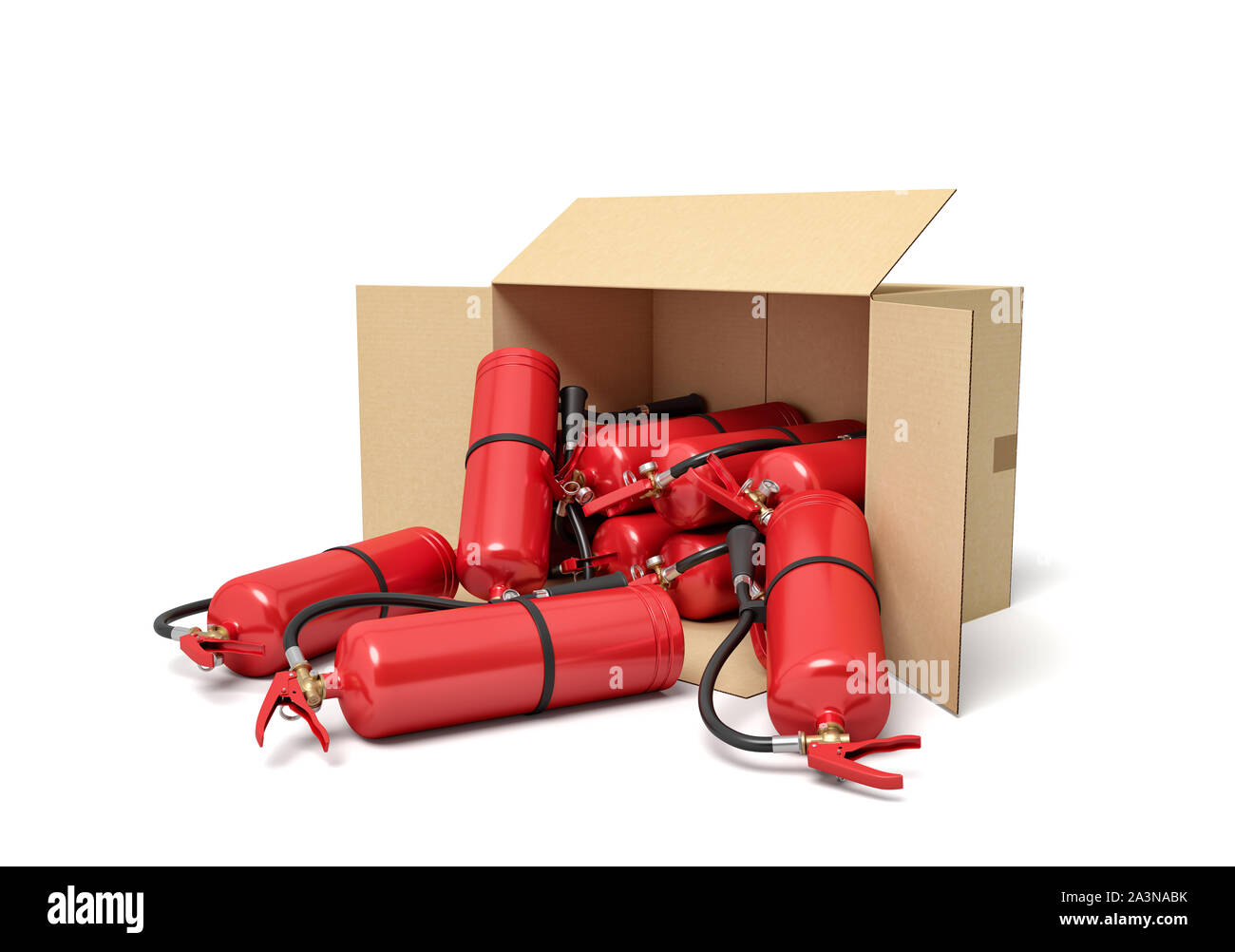 3d rendering of cardboard box lying sidelong full of red fire extinguishers. Stock Photo