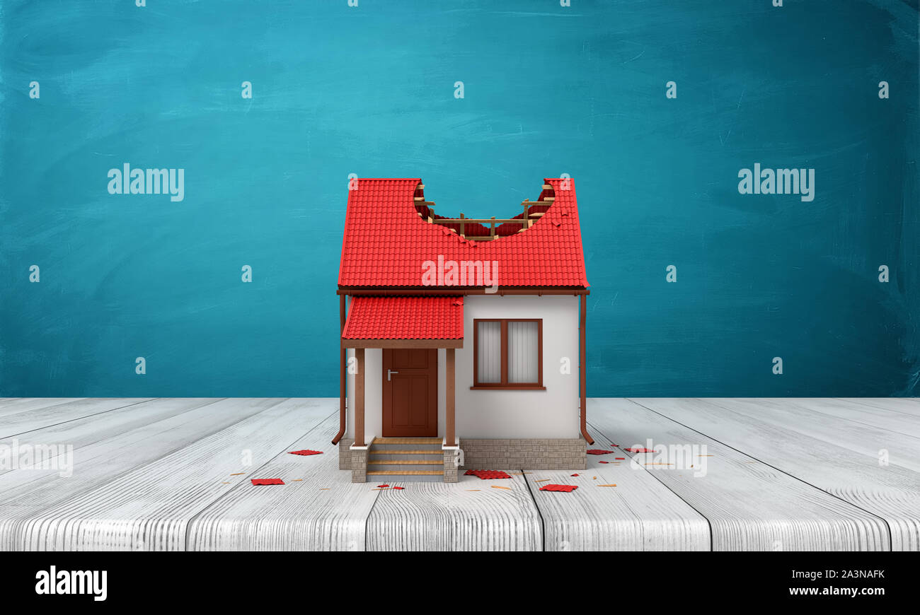 3d rendering of a private white house with damaged red roof on white wooden floor and dark turquoise background Stock Photo