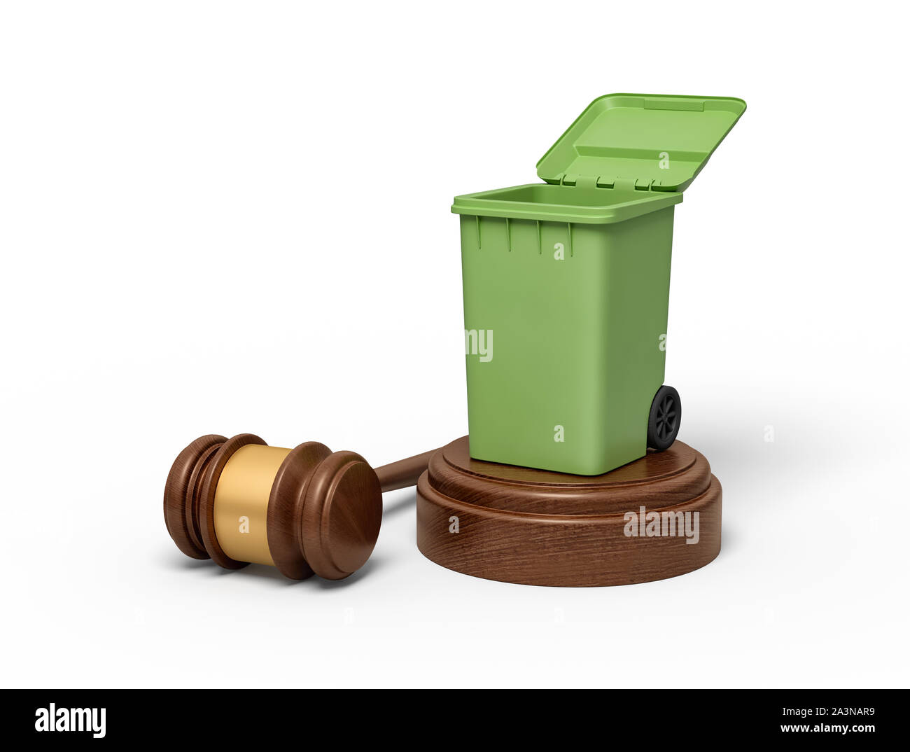 3d rendering of open green trash bin on round wooden block and brown wooden gavel Stock Photo