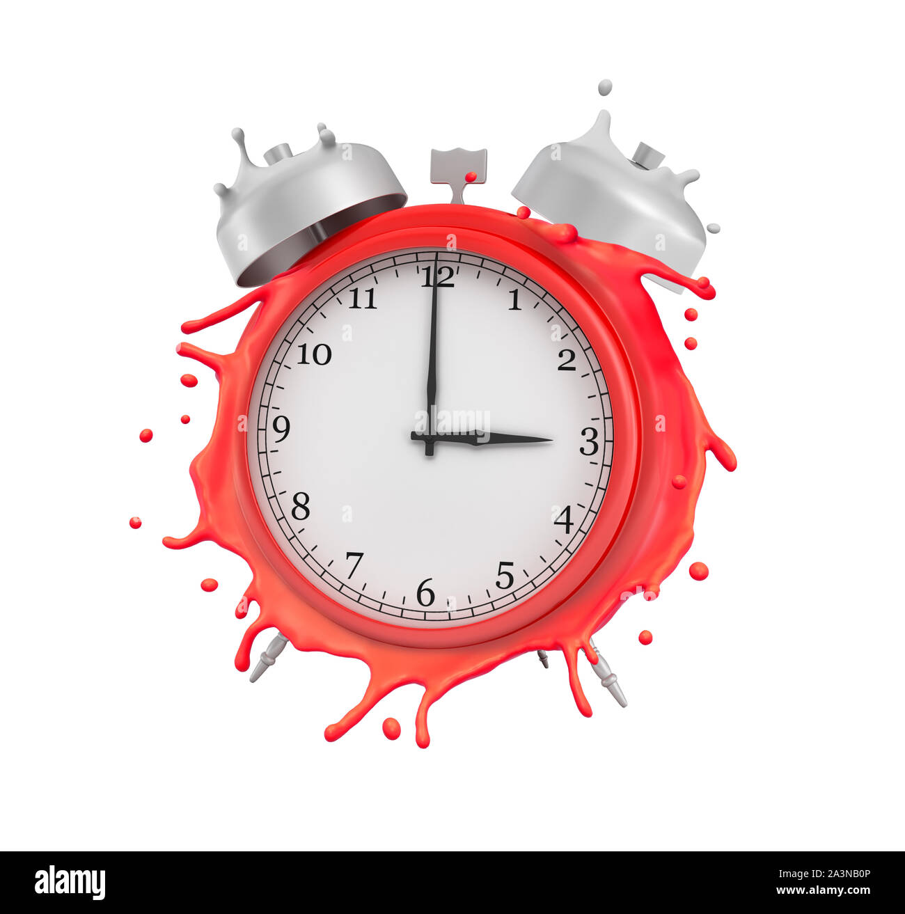 3d rendering of red alarm clock melting isolated on white background ...
