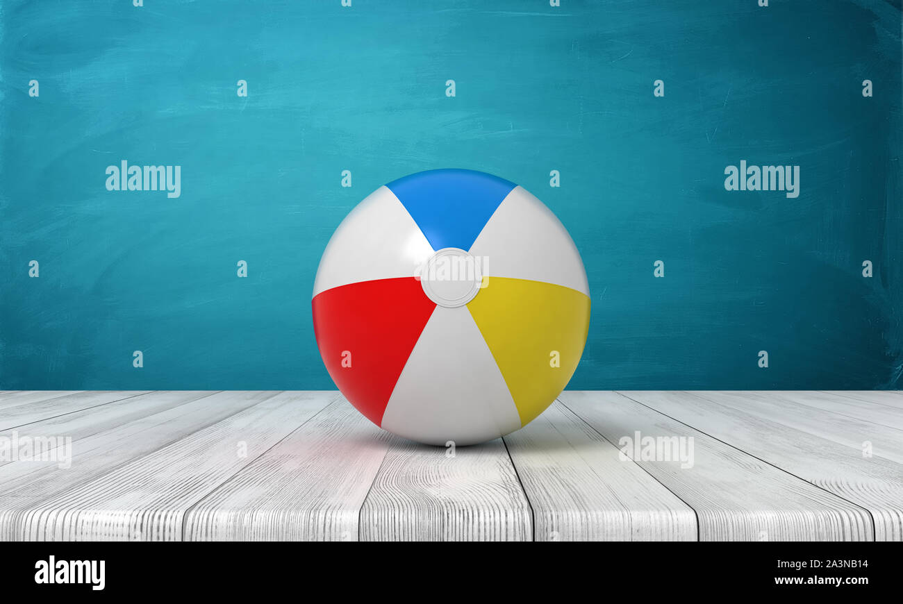 3d rendering of striped beach ball on wooden surface near blue wall. Stock Photo