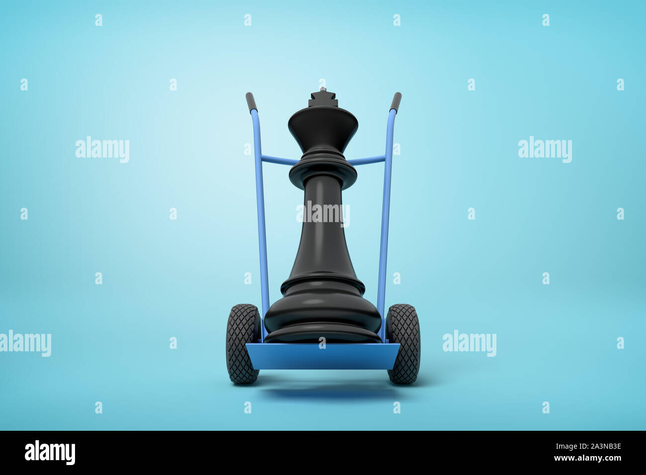 3d close-up rendering of black chess king on blue hand truck on light-blue background. Stock Photo