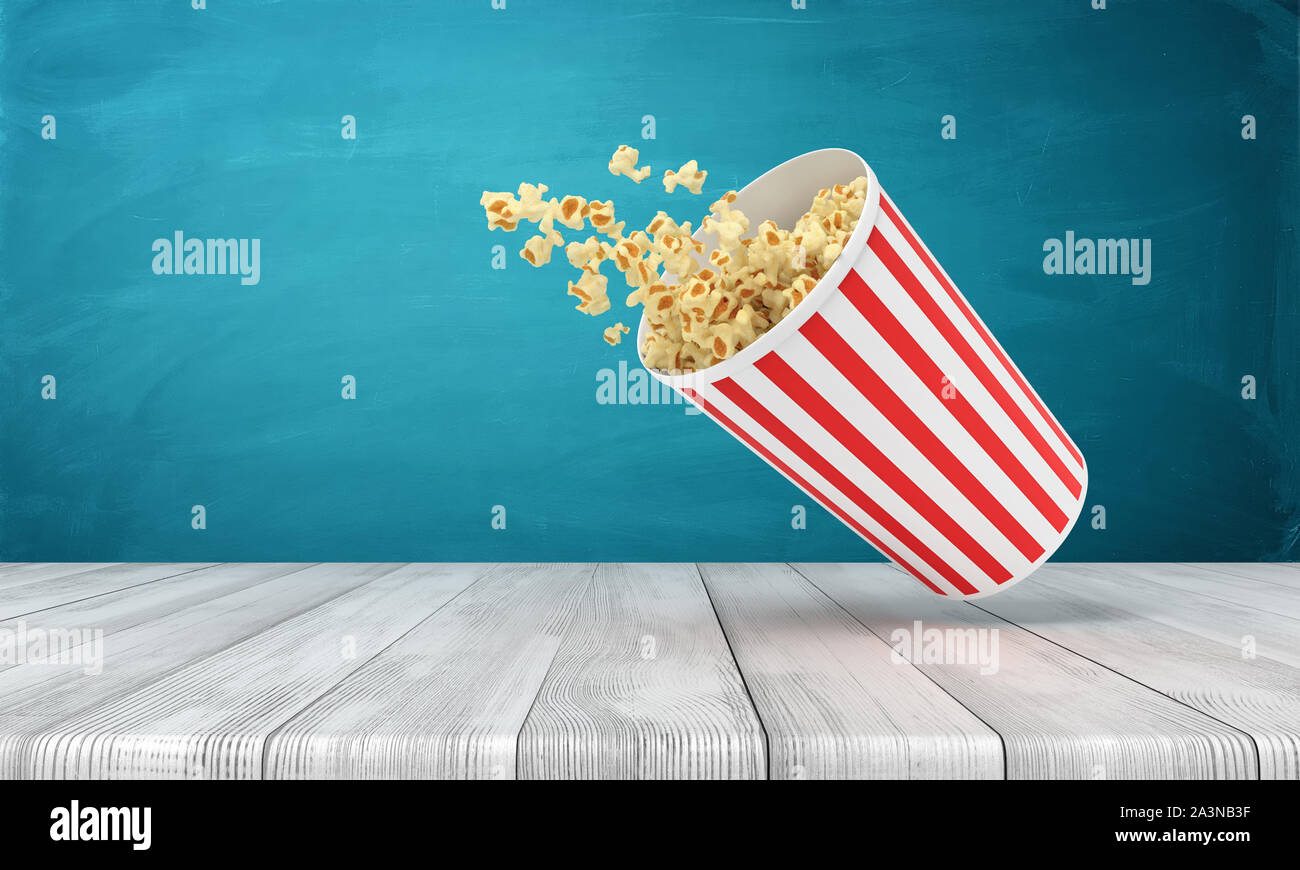 3d rendering of popcorn bucket on wooden surface near blue wall with copy space. Stock Photo